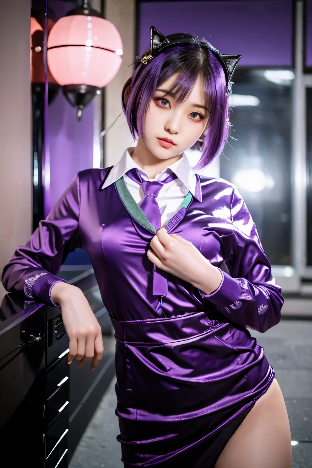 a close up of a person with purple hair and a purple tie, stylized anime, anime moe artstyle, katana zero video game character, anime girl of the future, portrait anime space cadet girl, portrait knights of zodiac girl, close up of a young anime girl, anime stylized, with glowing purple eyes, in an anime style, anime styled 3d