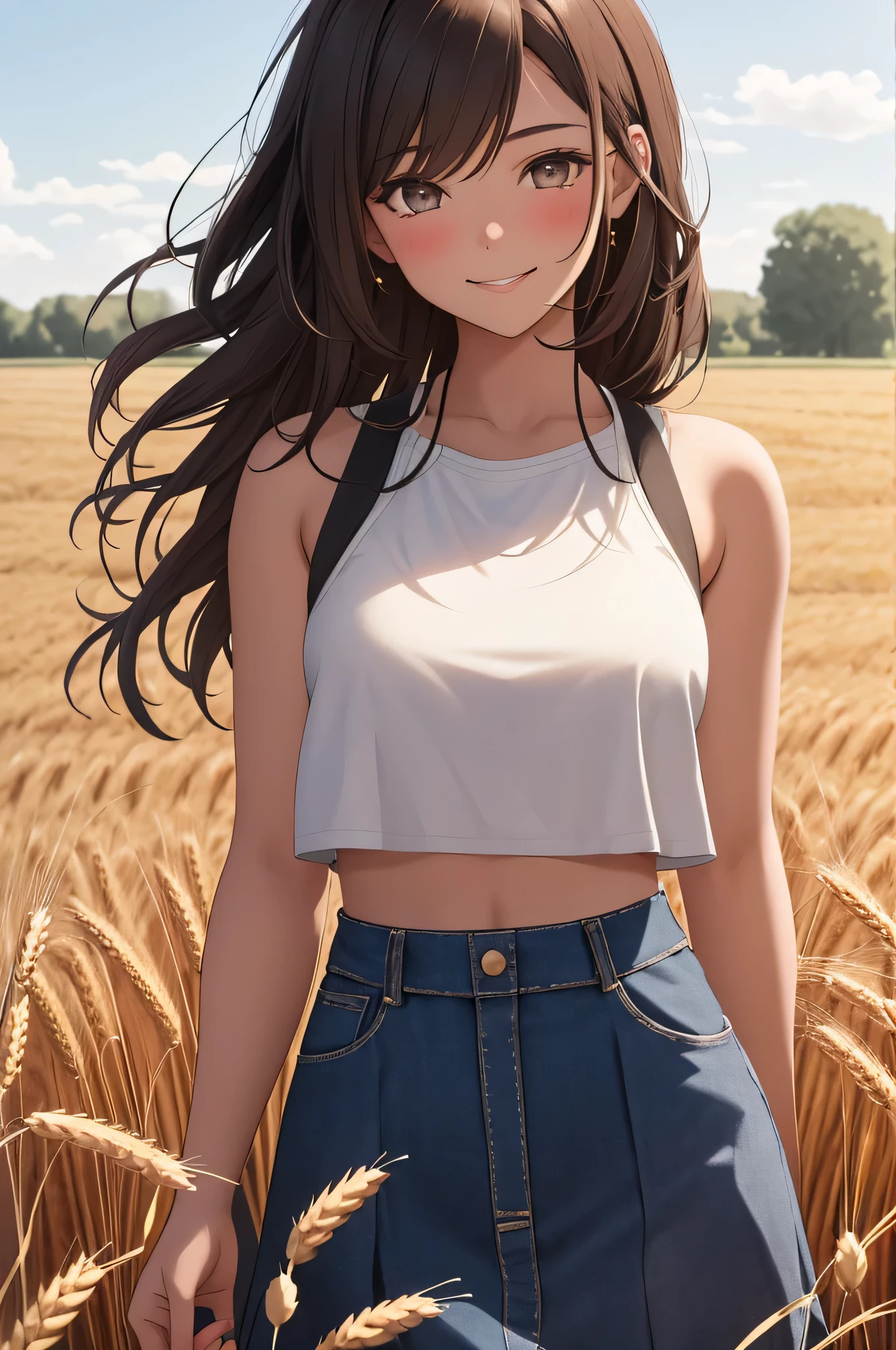 {there is a young girl walking through a wheat field. she is beautiful, and attractive. she is wearing a white tank top that exposes her stomach, and a low waist maxi skirt. she has beautiful long brown hair, and beautiful hazel eyes. she has her hands out touching the wheat. she is smiling. there is a tractor in the background, and a house with a barn in the far background.}, {best quality}, {{masterpiece}}, {highres}, {{{8k}}}, extremely detailed girl, {{{caucasian skin}}}, {{{detailed face}}}, {photo-realism}, {{perfect anatomy}}, sharp focus, {{{character{1 girl}}}}, solo, {{{{{sharp focus}}}}}, {{{detailed cloth texture}}}, {{{detailed skin texture}}}, {{{smooth lighting}}}, {{australian decent}}, {{18-years old girl}},