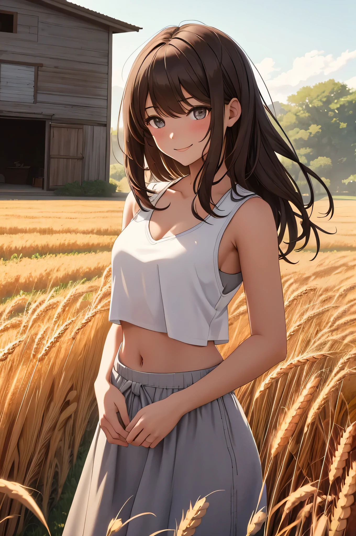 {there is a young girl walking through a wheat field. she is beautiful, and attractive. she is wearing a white tank top that exposes her stomach, and a low waist maxi skirt. she has beautiful long brown hair, and beautiful hazel eyes. she has her hands out touching the wheat. she is smiling. there is a tractor in the background, and a house with a barn in the far background.}, {best quality}, {{masterpiece}}, {highres}, {{{8k}}}, extremely detailed girl, {{{caucasian skin}}}, {{{detailed face}}}, {photo-realism}, {{perfect anatomy}}, sharp focus, {{{character{1 girl}}}}, solo, {{{{{sharp focus}}}}}, {{{detailed cloth texture}}}, {{{detailed skin texture}}}, {{{smooth lighting}}}, {{australian decent}}, {{18-years old girl}},