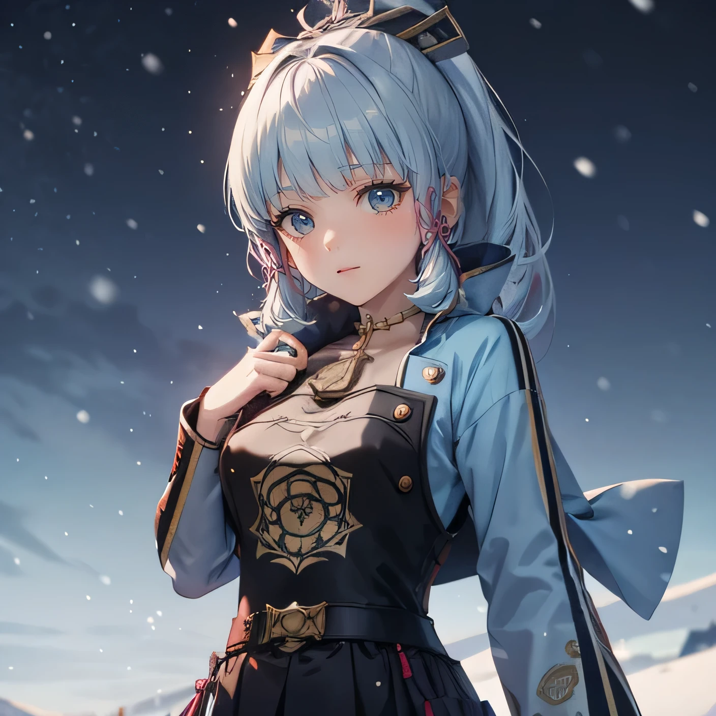 anime style,detailed Kamisatoayacadedef, detailed information , detailed eyes, belt, , smile, blush, This'It's snowing outside,This'it's cold outside, dark, simple background, blue sky=, I'm looking at the viewer,
