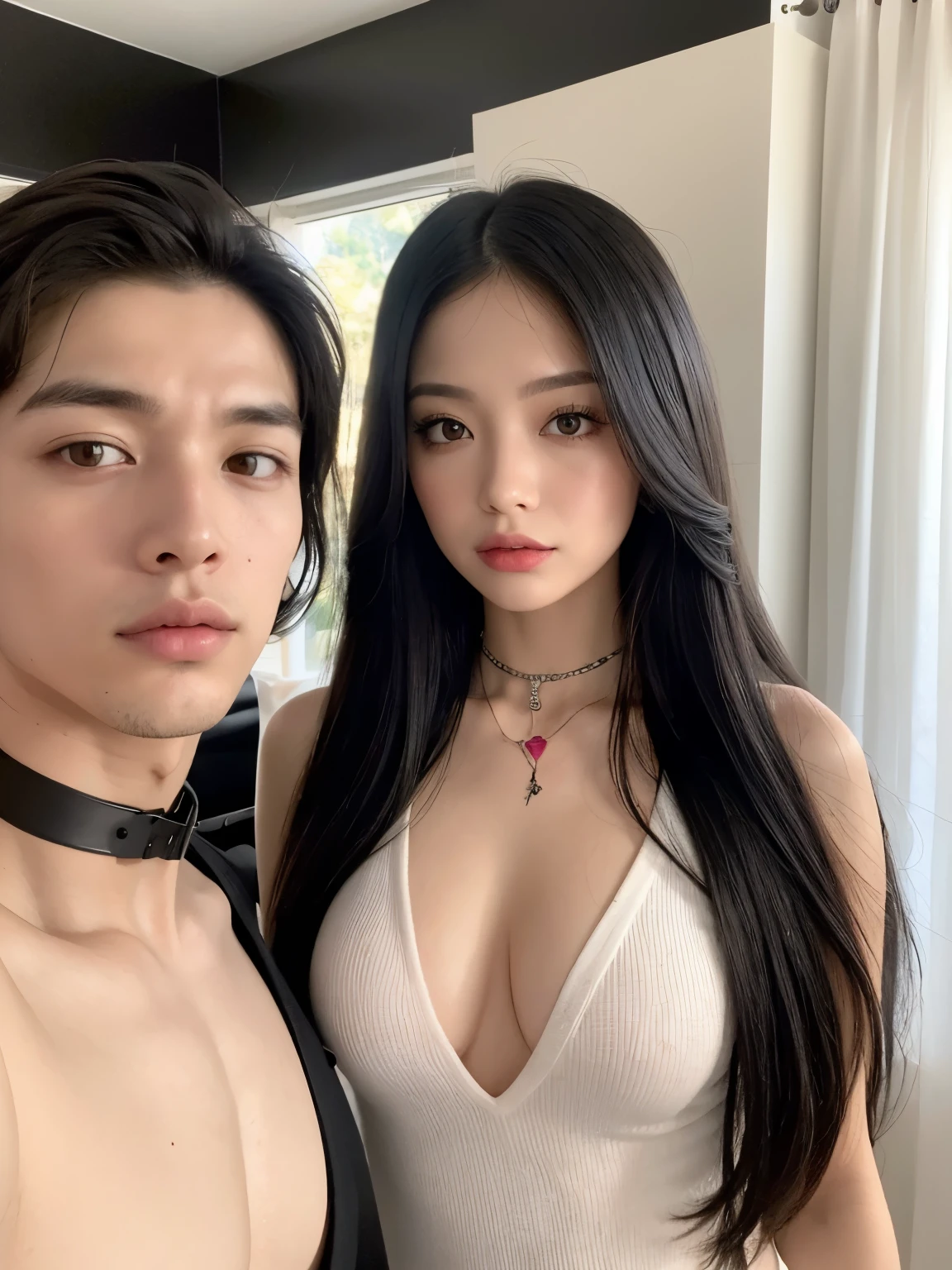 Kim Jennie con el cabello negro oscuro, con rulos en las puntas del cabello negro oscuro, con un ganchito de estrella en el cabello negro oscuro, ojos de color claro, ojos bonitos, ojos llorosos, nariz bonita y respingada, labios bonitos, labios rosas, heart and cupid shaped lip, piel bonita, pale, piel blanca, con lunares y pecas en todo el rostro, rubor rosa suave en las mejilla, rubor rosa natural, dark and gothic makeup, Jennie gotica, mientras ella esta con un chico lindo a su lado, with a cute asian boy standing next to her, mientras hay un torso de hombre, mientras el hombre&#39;His hand is on his jaw.., manos bonitas de hombre, with a gothic boy, cuellos bonito, cuello marcado, frown, mirada enojada, con un collar de beso, un collar bonito de beso, mientras muestra sus pechos desnudos, mientras tiene los pezones con dos corazones de papel rosa, tiene los pezonnes con corazones de papel rosa (pechos grandes, pechos suaves, pechos bonitos, pechos naturales), con un chico a su lado, con su novio, mirando a la camara, autofoto