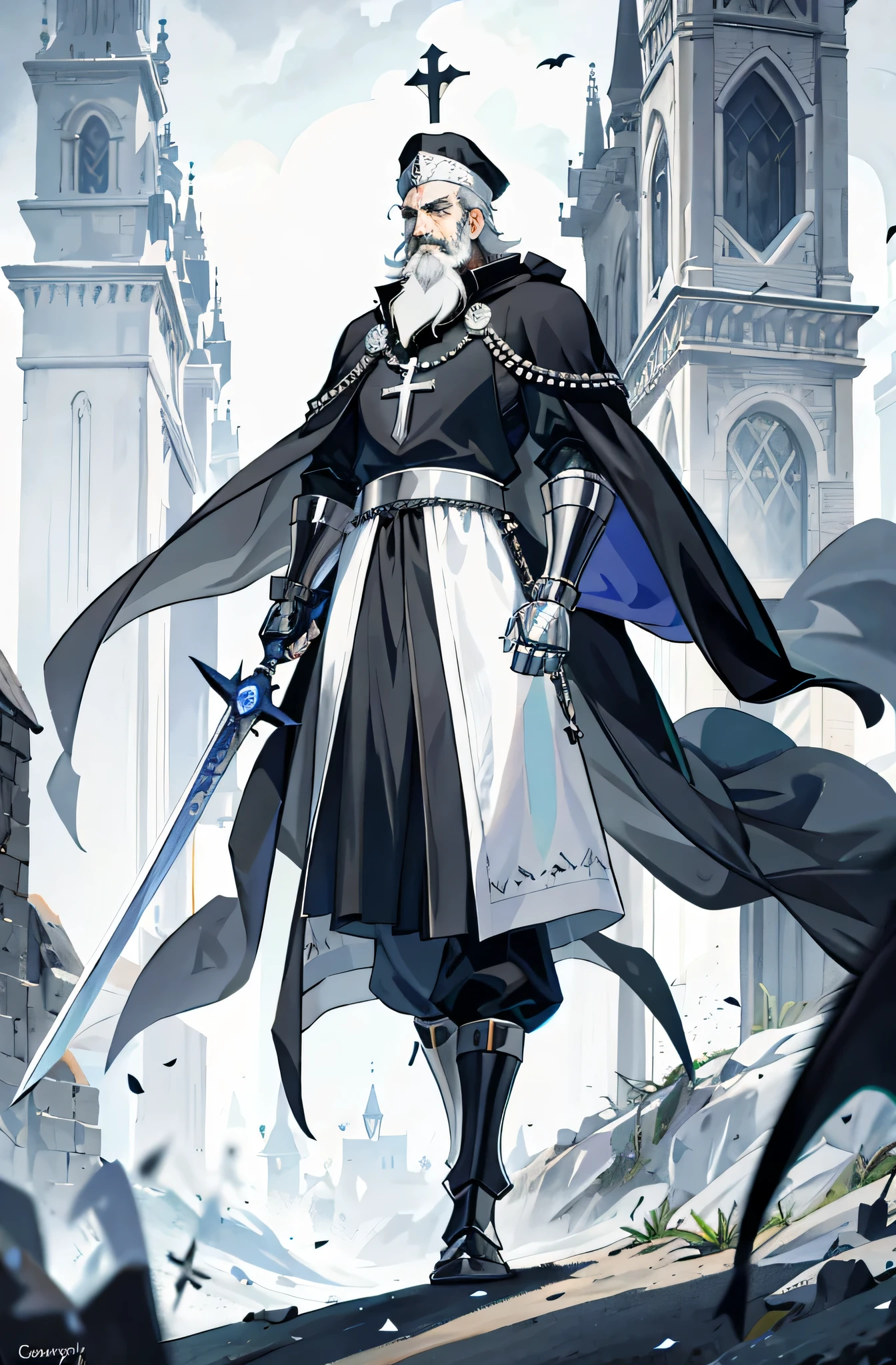 one man, 55 year old knight with a beard, gray hair, white beard, with black cloak, In full medieval plate armor, black cloak, Wearing a simple wide-brimmed hat, vampire hunter d style, flat, 2D, whole body shot, rosary for necklace, catholic, cool pose, gauntlet, medieval sword,whole body,whole body,