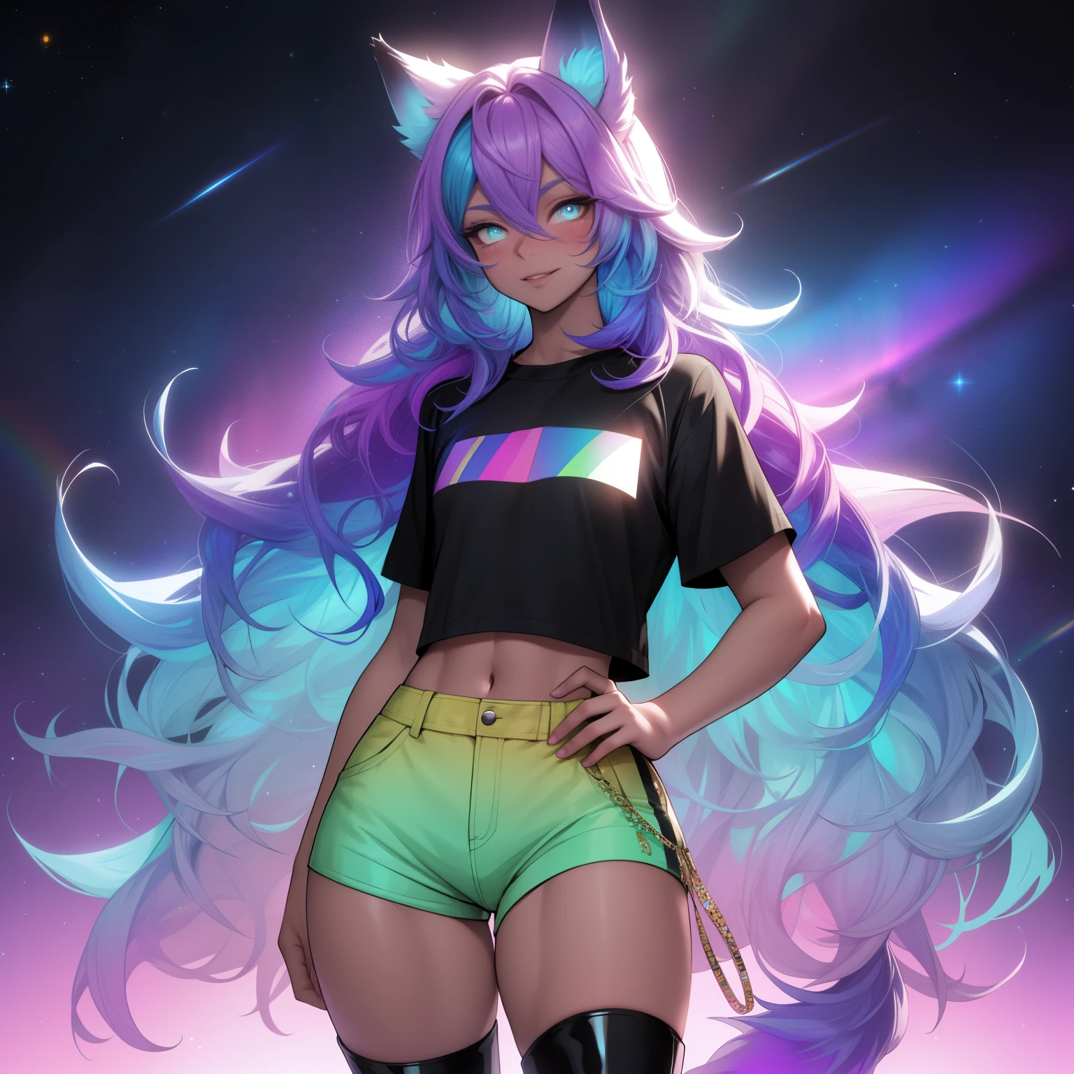 a short, skinny, galactic space young boy wearing a rainbow trench coat with a peacock inspired design, glowing blue eyes, wearing cropped t-shirt, flat chested, flat chest (SUPER FLAT CHEST) has wolf ears and a wolf tail, wide hips, pink lips, thick thighs, has long wavy rainbow gradient colored sparkly hair, twink, happy, blushing, flustered, showing thighs, wearing thigh high boots, wearing short shorts, curvy, solo, alone, (SOLO)(ALONE), has long wavy rainbow gradient colored sparkly hair, dynamic pose, dancing
