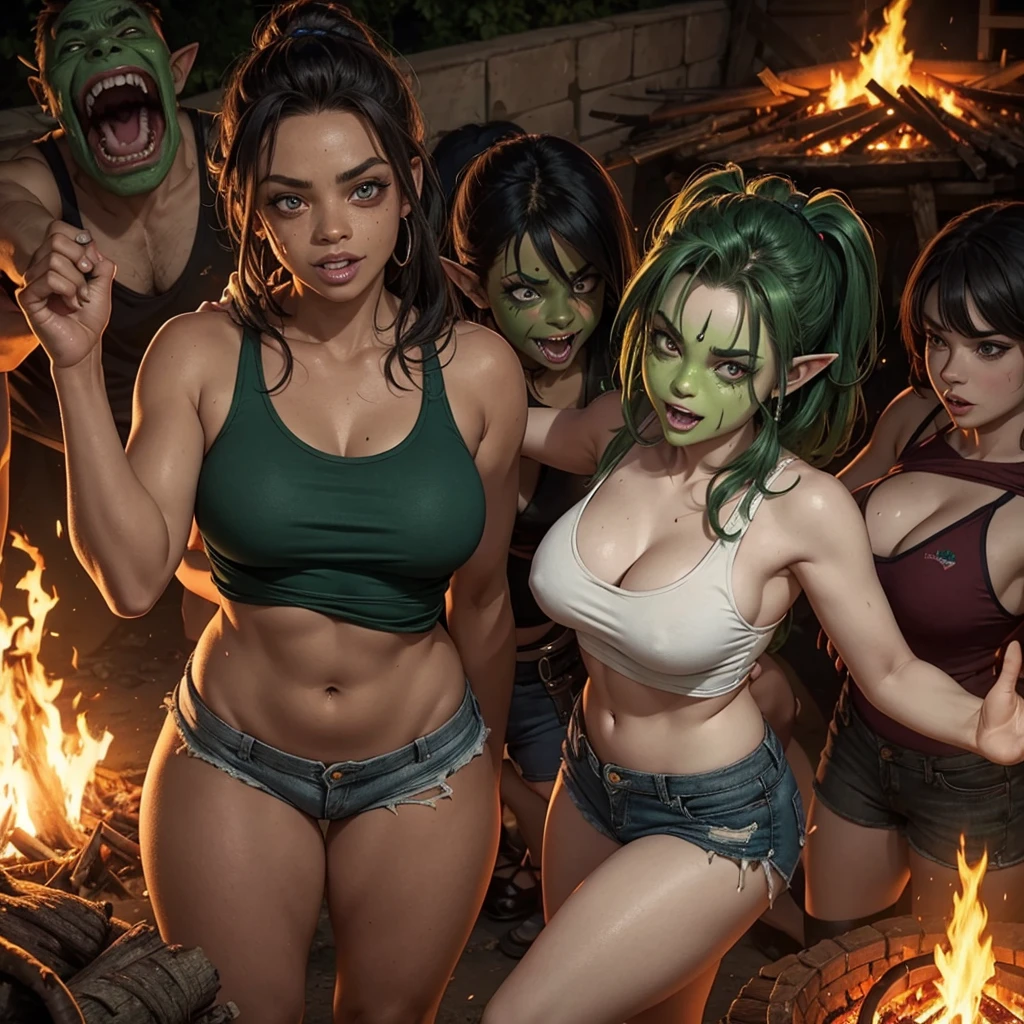 A bunch of trashy drunk goblin women (green skin, log dark hair, crazy eyes, a few missing teeth) dressed like trailer trash (tank tops, daisy duke shorts), dance seductively around a bonfire