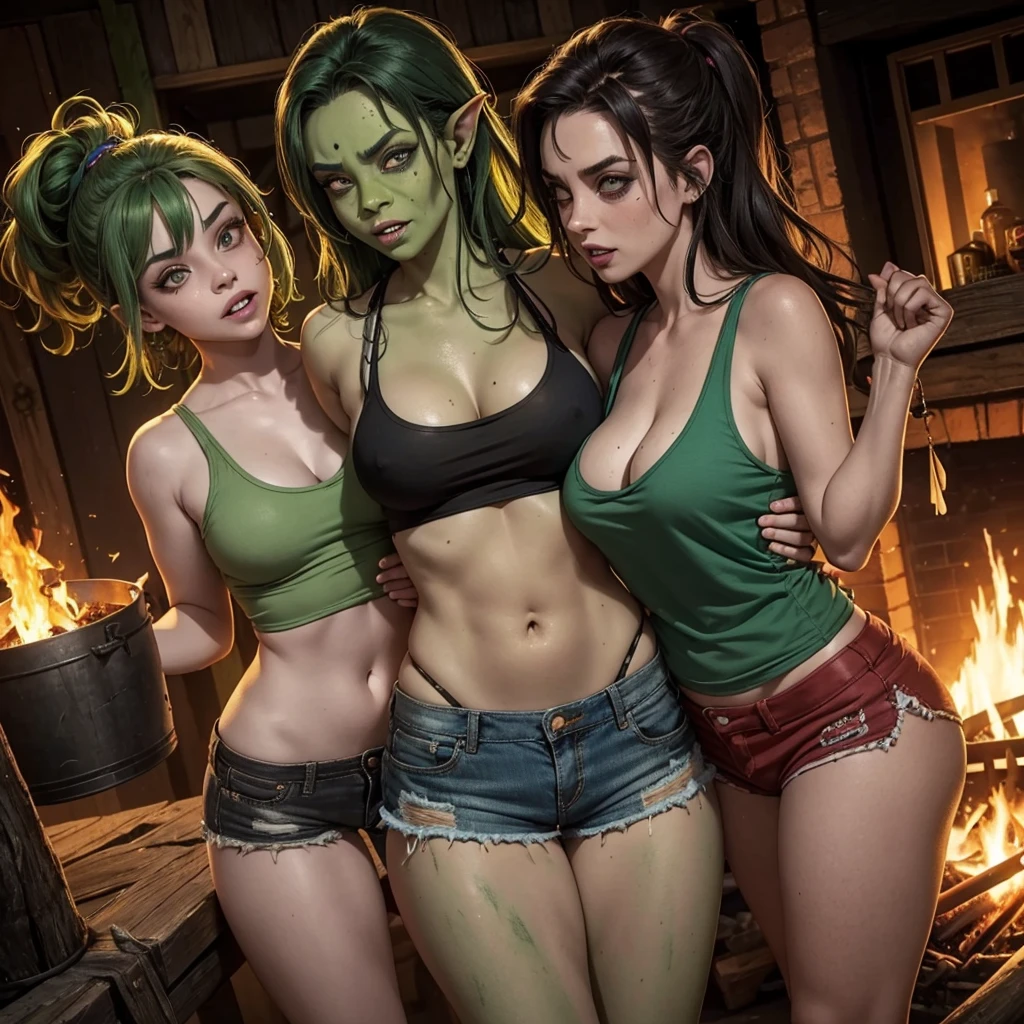 A bunch of trashy drunk goblin women (green skin, log dark hair, crazy eyes, a few missing teeth) dressed like trailer trash (tank tops, daisy duke shorts), dance seductively around a bonfire