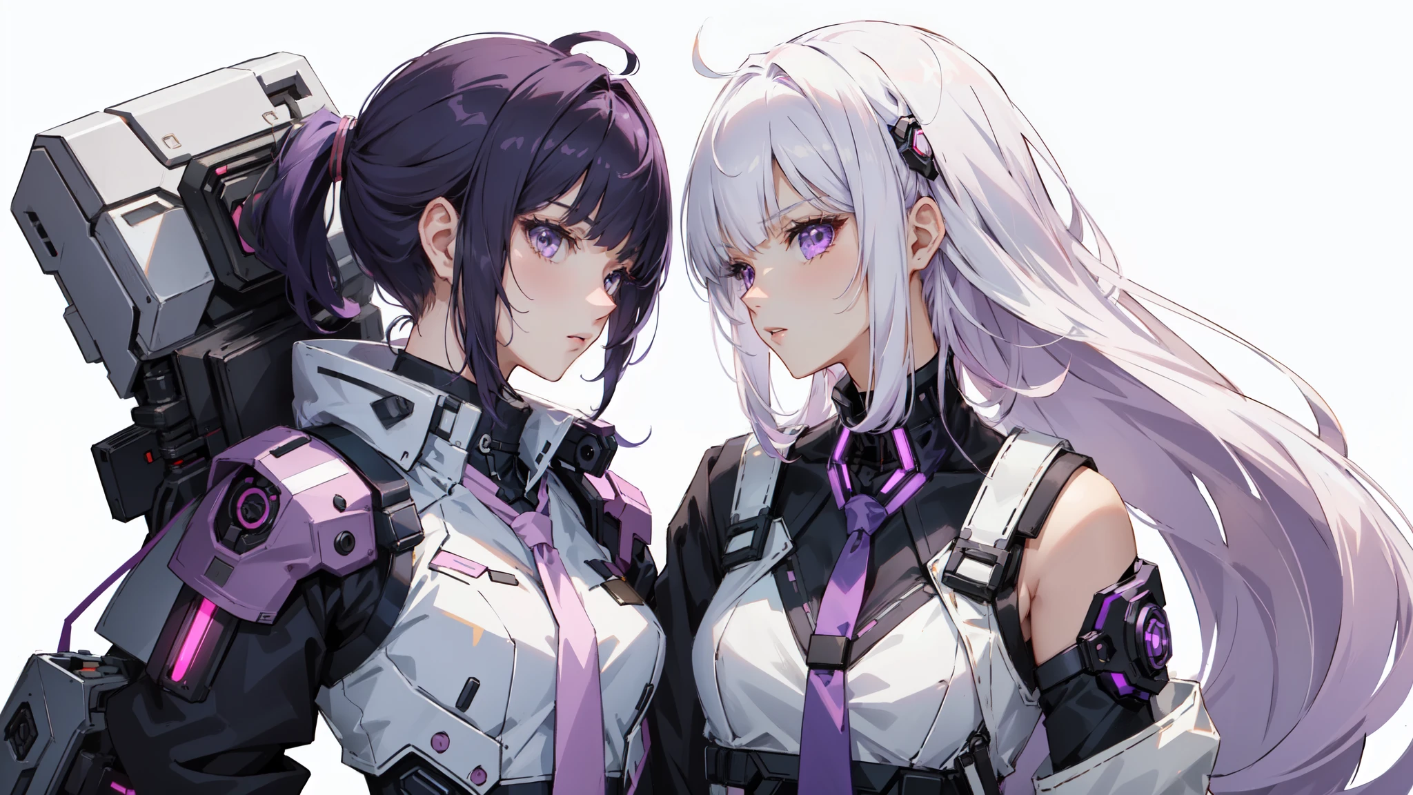 (((2 girl, looking at each other))), close up of a person with a white hair and a pink light, badass anime 8 k, Profile, aluring, seductive, closeup, adult woman, cyberpunk, sleeveless, cybernetic arms, white background, dark purple hair, blunt bangs, long hair, styled hair, no bangs, sleeveless shirt, necktie, facing left, breast focus, no_sleeves, shoulder holster, frustrated, small breasts
