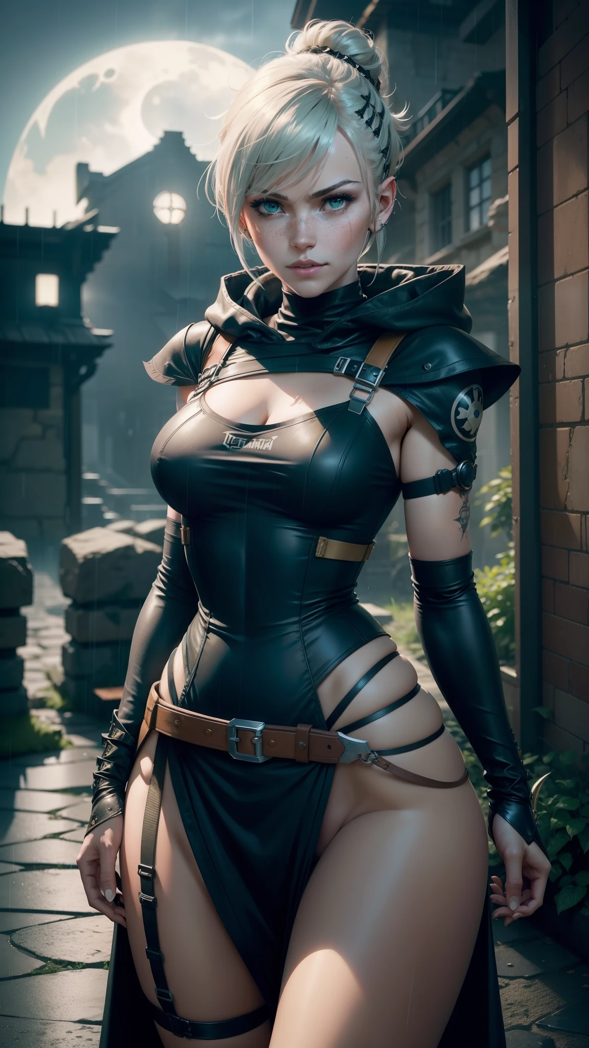 gwen tennyson,tracer,yorha 2b,rebecca chambers, overwatch, atelier ryza, close up, battle ruins, tattoos, orange plugsuit, short sleeve ninja top, short sleeve ninja leotard, garter belt, harness corset, long dress train, short ponytail hair, punk makeup, green eyes, multicolored silver hair, sexy smile, freckles, beautiful girl, large breasts,8k,ultra detailed, realistic, fantasy art, ninja armor, harness armor, long ninja hooded cape, hair pin, ear piercings, moonlight, gold hand and neck jewelry, battle stance,(weather: rainy),cowboy shot, ninja knifes, torn clothes,