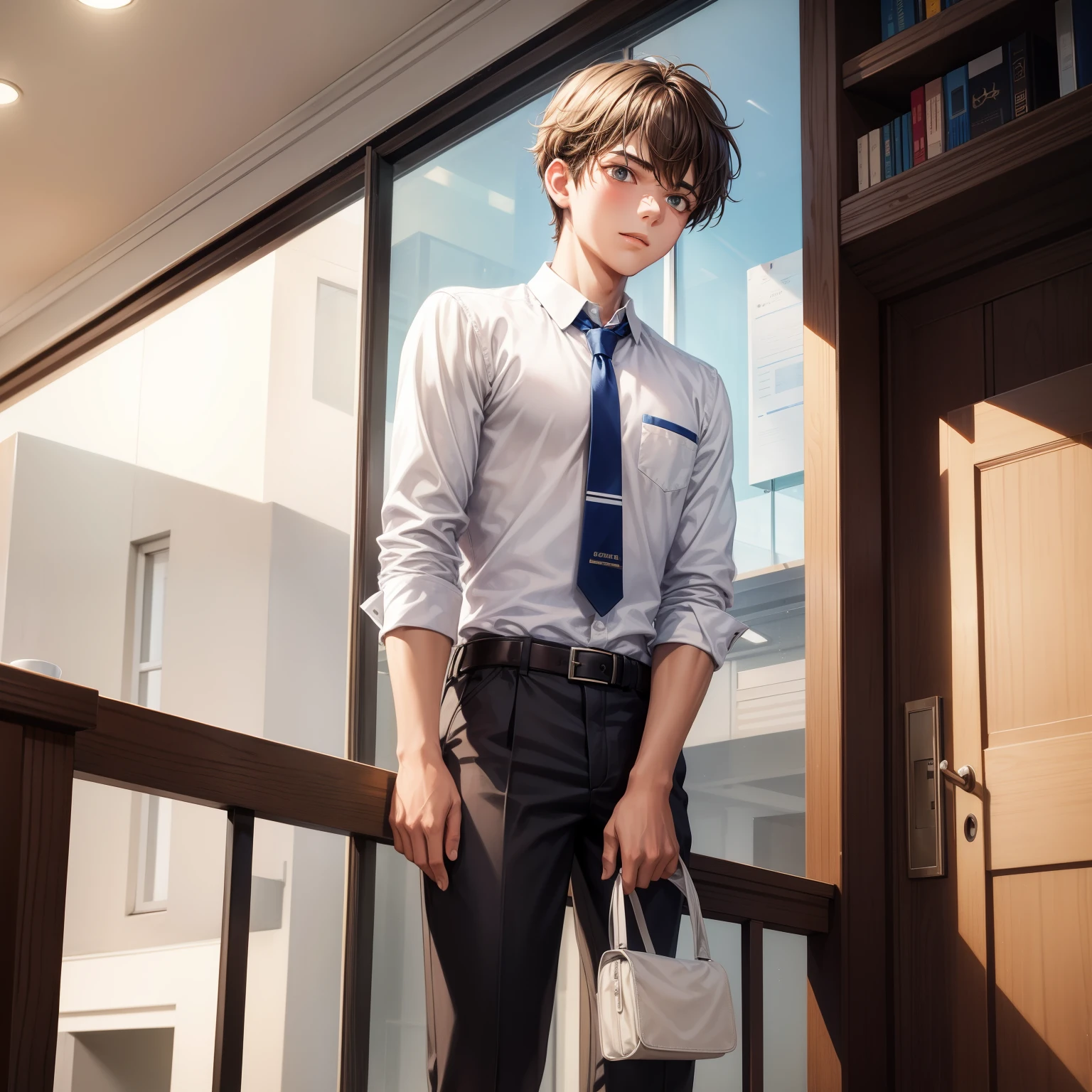 teenager boy using white dress shirt with brown dress pants and a belt on a christian school studying
