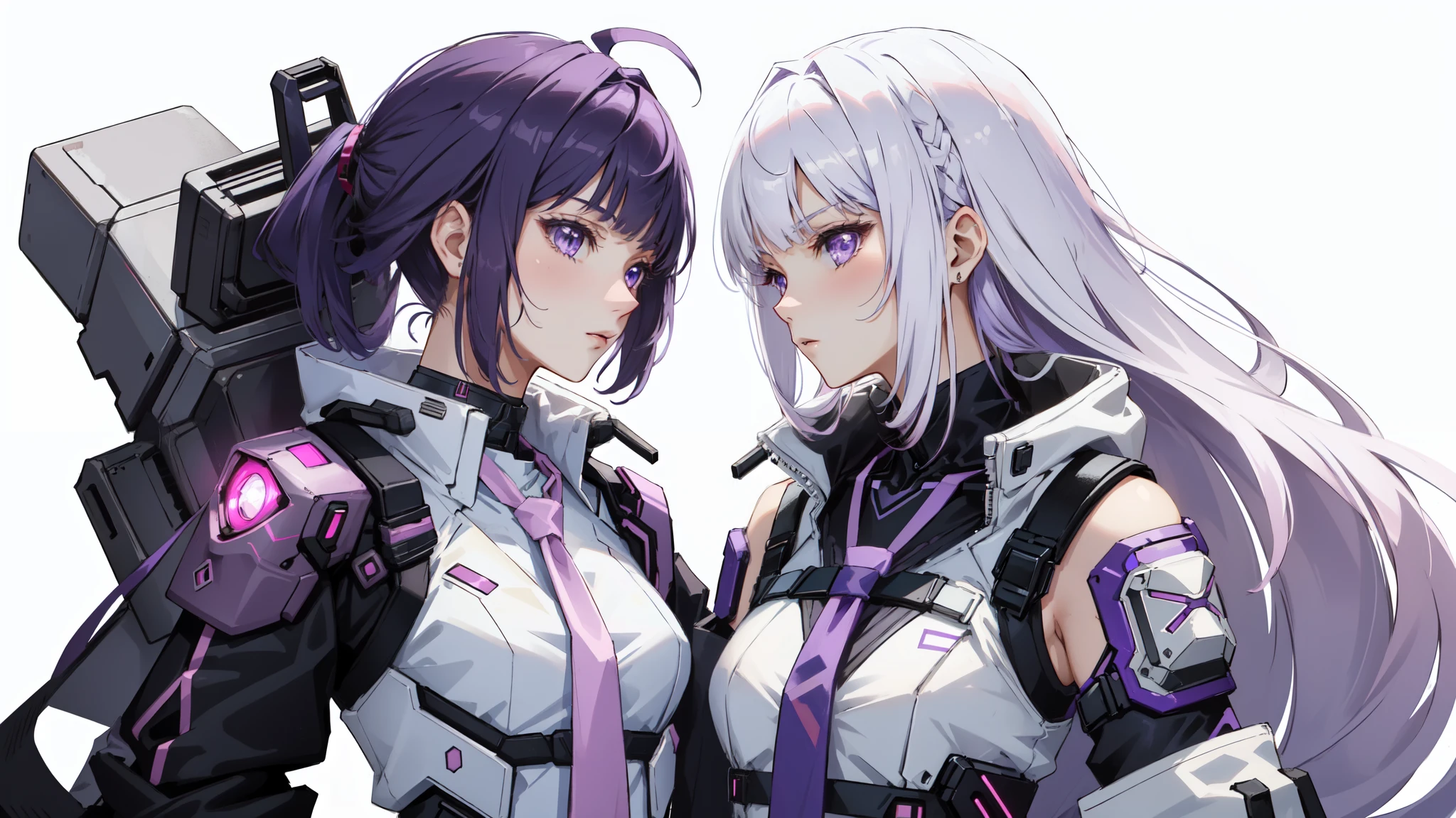 (((2 girl, looking at each other))), close up of a person with a white hair and a pink light, badass anime 8 k, Profile, aluring, seductive, closeup, adult woman, cyberpunk, sleeveless, cybernetic arms, white background, dark purple hair, blunt bangs, long hair, styled hair, no bangs, sleeveless shirt, necktie, facing left, breast focus, no_sleeves, shoulder holster, frustrated, small breasts
