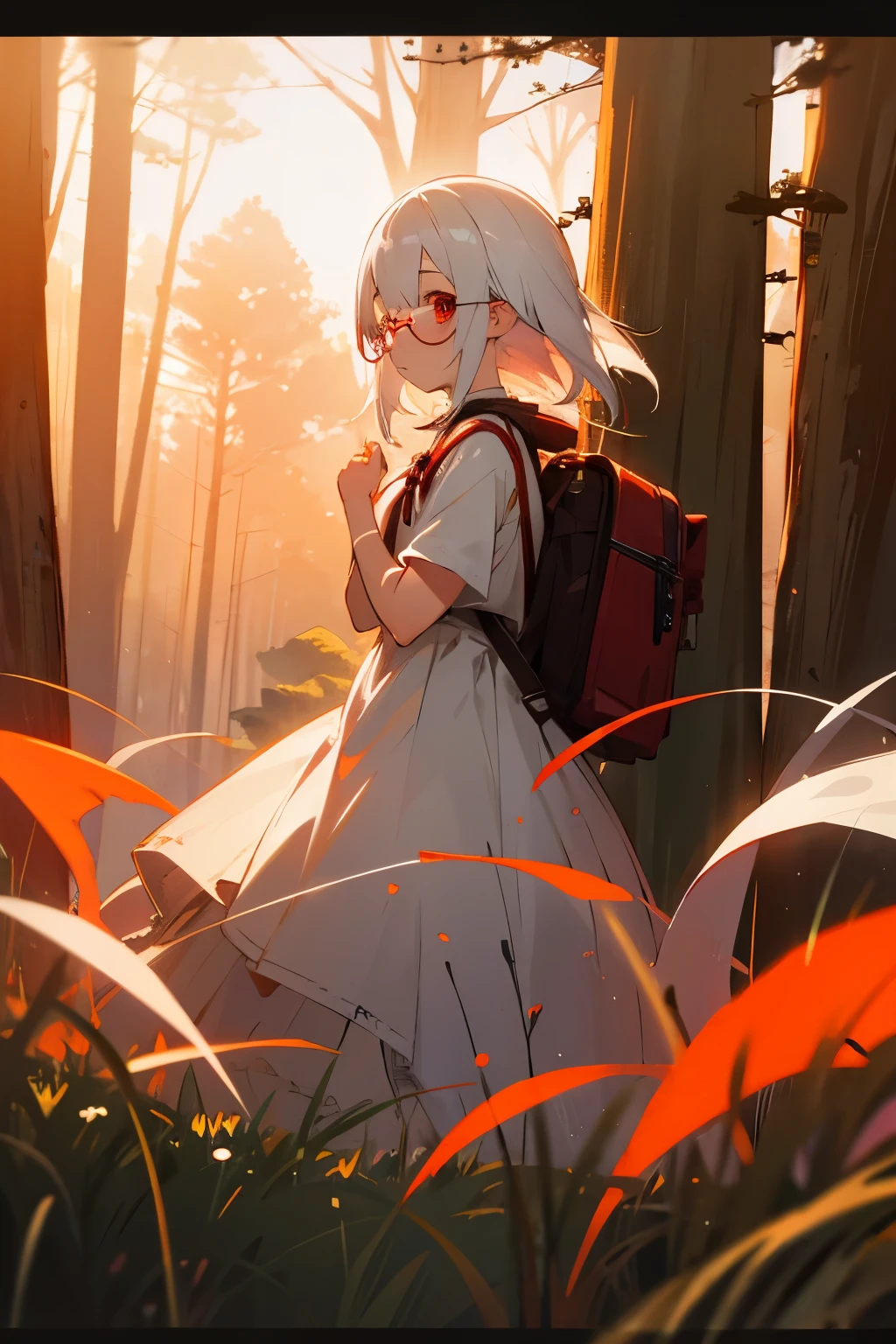 1 girl, white hair, bloom, red eyes, backpack, glasses, dress, forest, sunset