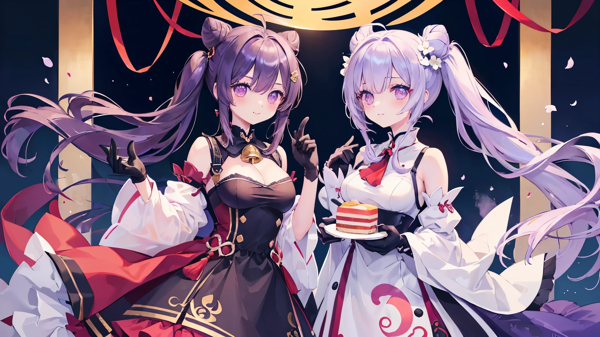 keqing_(genshin_impact), ganyu_(genshin_impact), detached_sleeves, blue_hair, multiple_girls, 2girls, purple_eyes, horns, gloves, looking_at_viewer, long_hair, bare_shoulders, food, hair_bun, bell, neck_bell, bangs, ahoge, black_gloves, breasts, purple_hair, hair_ornament, smile, sidelocks, medium_breasts, holding, cone_hair_bun, upper_body, white_flower, blush, gold_trim, twintails, double_bun, cake, braid, flower, parted_lips, purple_dress