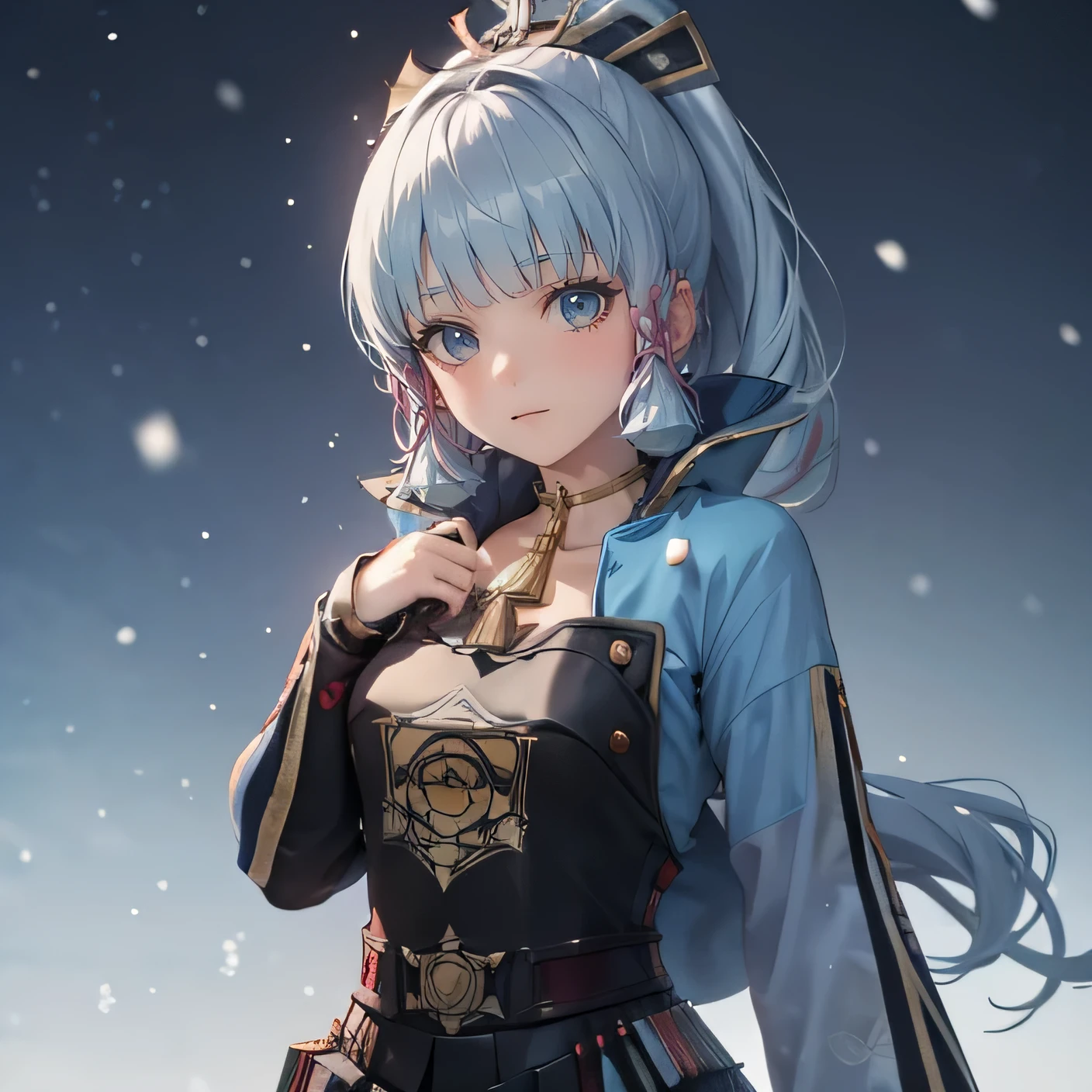 anime style,detailed Kamisatoayacadedef, ПодробнаI информациI , detailed eyes, поIс, , smile, blush, Thisт'It's snowing outside,Thisт'This'it's cold outside, dark, simple background, blue sky=, I'I смотрю на зрителI,