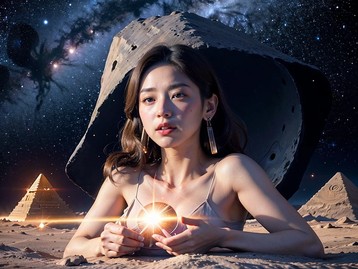 (RAW photo, highest quality), (realistic, Photoreal:1.3), 1 girl、earrings、realisticbody,old space costume、Ancient、boulder、Ancientの儀式、Pyramid-shaped UFO flying from space、laser light、