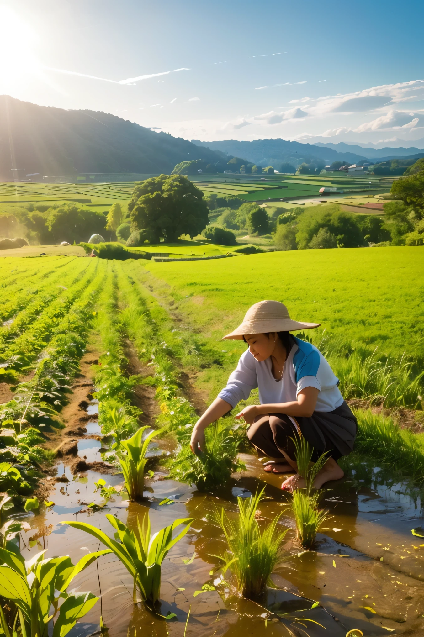 best quality,4k,8k,highres,masterpiece:1.2,ultra-detailed,realistic:1.37,rice paddy,green fields,nature,serene landscape,peaceful,tranquil,harmonious,gentle breeze,sun-drenched,majestic mountains,reflection on water,clear blue sky,sunrise or sunset,golden sunlight,lush vegetation,growing crops,farmland,agriculture,traditional farming techniques,farmer's hard work,yellow rice plants,swaying in the wind,bountiful harvest,abundance,nourishing,healthy food source,rural scenery,remote countryside,simple and pure life,connection with nature,cultural heritage,traditional way of life