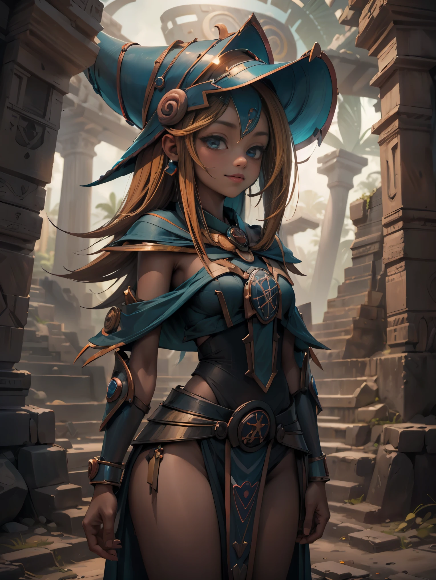 Woman of 25 Dark magician gils Mayan version she is standing,  Magic hearts background. Sonrisa en sus labios. Ojos celestes. Cabello dorado. Where to find Mayan ruins . Un ave quetzal vuela a su alrededor 