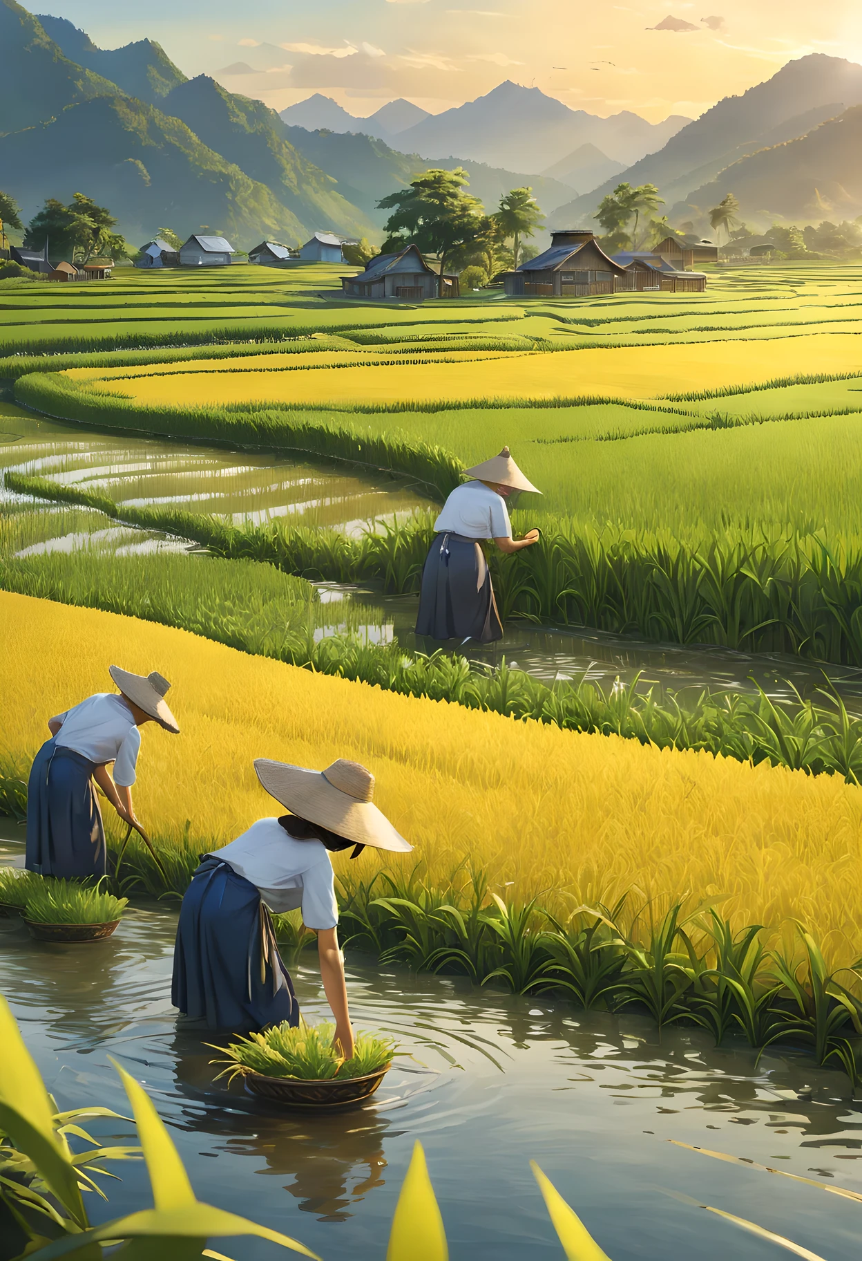 best quality,4k,8k,high resolution,masterpiece:1.2,Super detailed,actual:1.37,paddy,green fields,nature,peaceful的风景,peaceful,peaceful,harmonious,breeze,Sun-drenched,majestic mountains,reflection on water,clear blue sky,Sunrise or sunset,golden sunshine,dense vegetation,Grow crops,farmland,agriculture,traditional farming techniques,Farmers' hard work,yellow rice plant,swaying in the wind,bumper harvest,Rich,nourishing,healthy food sources,rural scenery,remote villages,simple and pure life,connection with nature,cultural heritage,traditional way of life