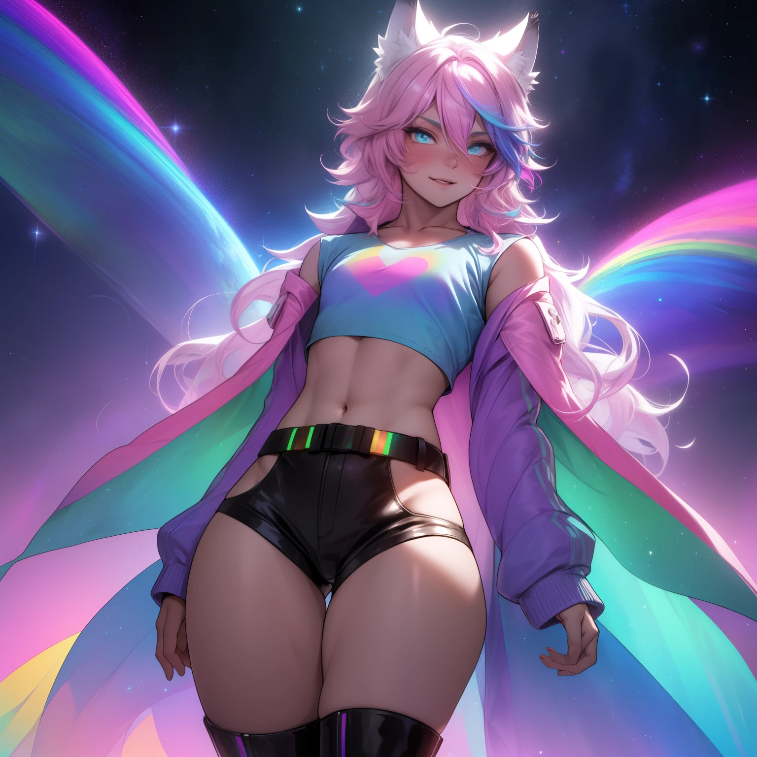 a short, skinny, galactic space young boy wearing a rainbow trench coat with a peacock inspired design, glowing blue eyes, wearing cropped t-shirt, ????????????, flat ????? (SUPER FLAT ?????) has wolf ears and a wolf tail, wide ????, pink lips, thick thighs, has long wavy rainbow gradient colored sparkly hair, twink, happy, blushing, flustered, showing thighs, wearing thigh high boots, wearing short shorts, curvy, solo, alone, (SOLO)(ALONE), has long wavy rainbow gradient colored sparkly hair, dynamic pose, dancing
