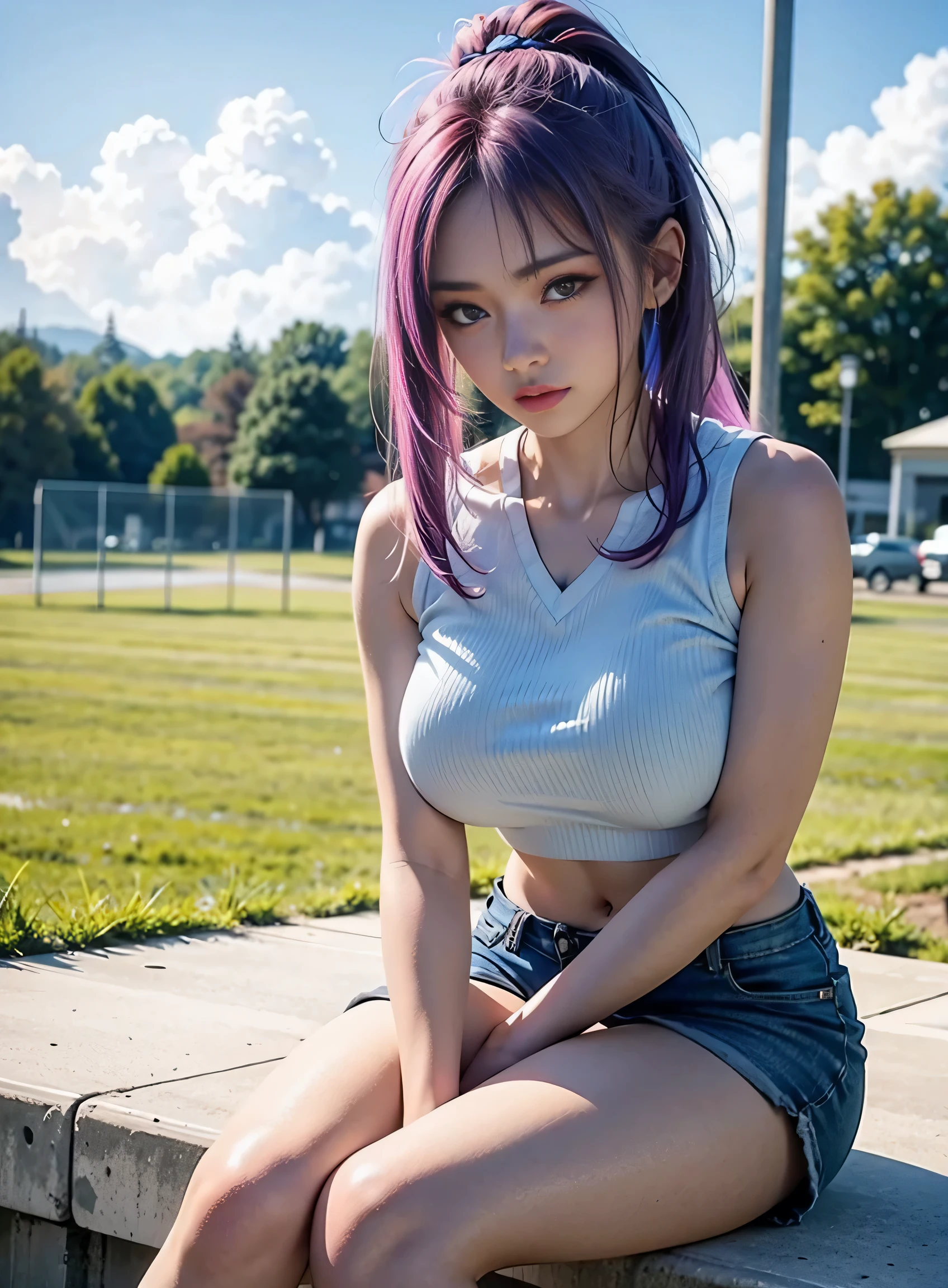 sfw, (leaning forward hands on knee facing forward),uma , Ultra high quality,8K,Don't miss your fingers,1 girl,Sports Girl,Blue-pink hair,Sports close-up,,Lawn playground,Dopamine girls, wearing bra,((skinny waist)), young asian girl, ((big breasted)),