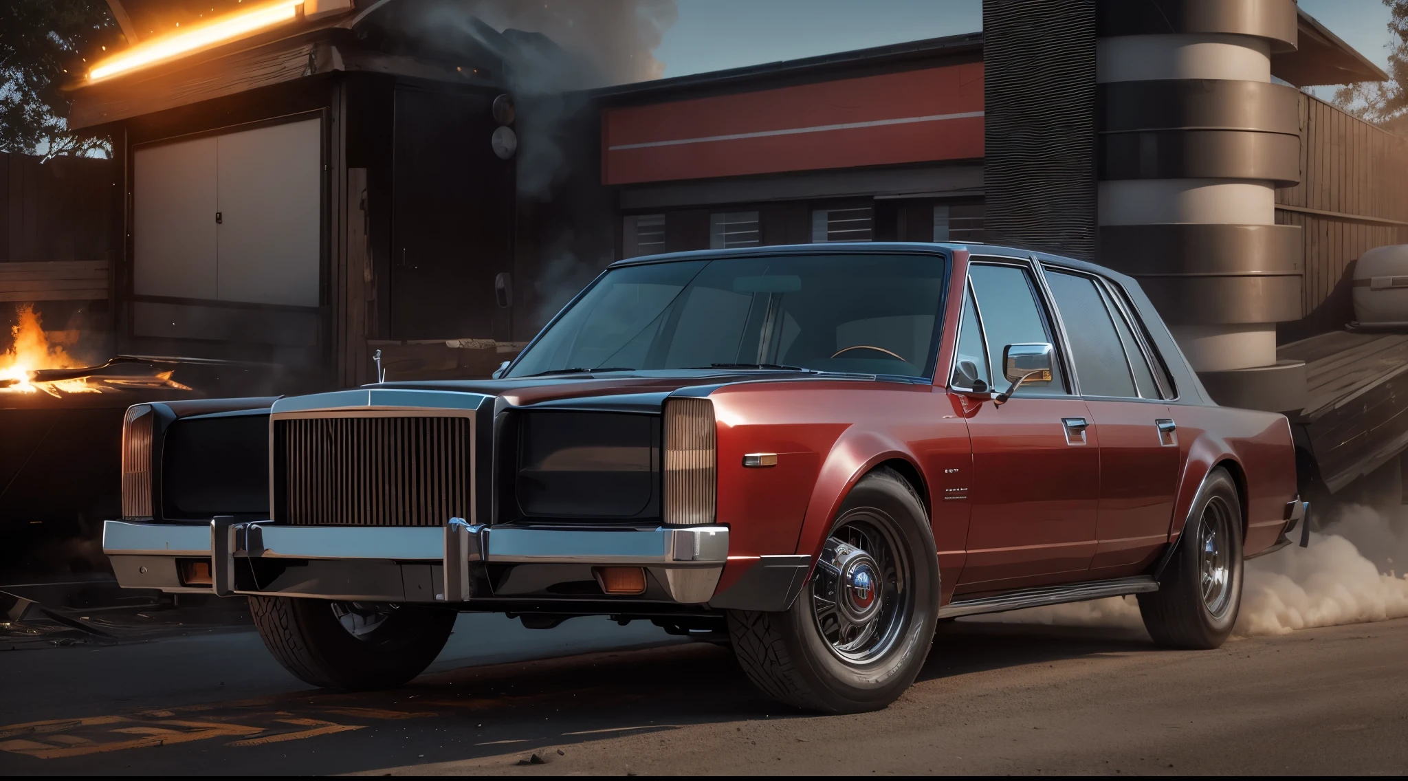 photo of a running Lincoln Mark IV on fire, This car is on fire, It's on fire, queimando, pegando fogo no motor, chamas lindas e fortes, fire on engine, tires on fire, fogo em toda parte, black opaque glass