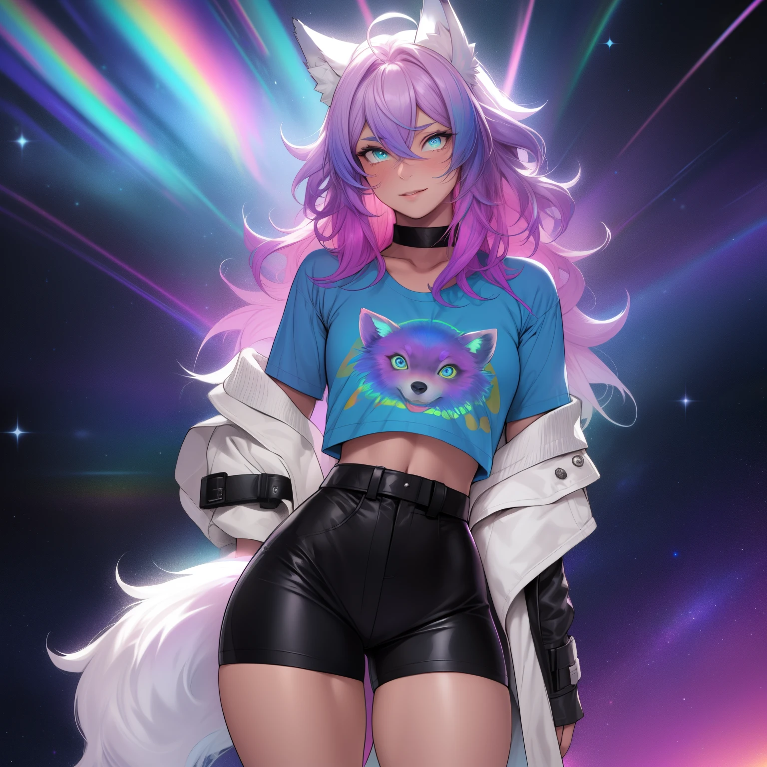 a short, skinny, galactic space young boy wearing a rainbow trench coat with a peacock inspired design, glowing blue eyes, wearing cropped t-shirt, flat chested, flat chest (SUPER FLAT CHEST) has wolf ears and a wolf tail, wide hips, pink lips, thick thighs, has long wavy rainbow gradient colored sparkly hair, twink, happy, blushing, flustered, showing thighs, wearing thigh high boots, wearing short shorts, curvy, solo, alone, (SOLO)(ALONE), has long wavy rainbow gradient colored sparkly hair, dynamic pose, dancing