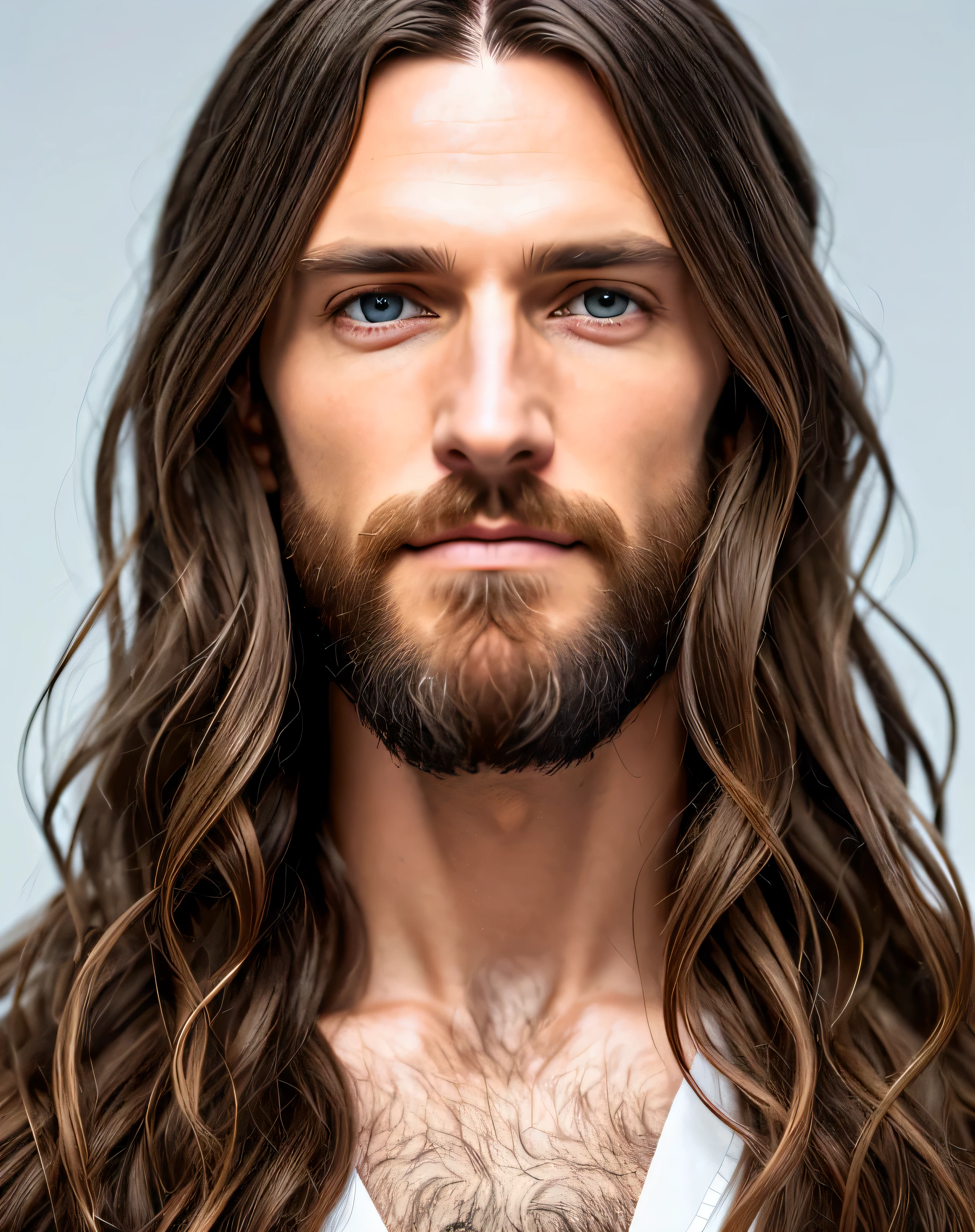 (symmetry),centered,a ((close)) up portrait,(Jesus),a very thin white man with long hair and a beard,wearing a long white robe,35mm,natural skin,clothes detail, 8k texture, 8k, insane details, intricate details, hyperdetailedhighly detailed,realistic,soft cinematic light,HDR,sharp focus, ((((cinematic look)))),intricate, elegant, highly detailed