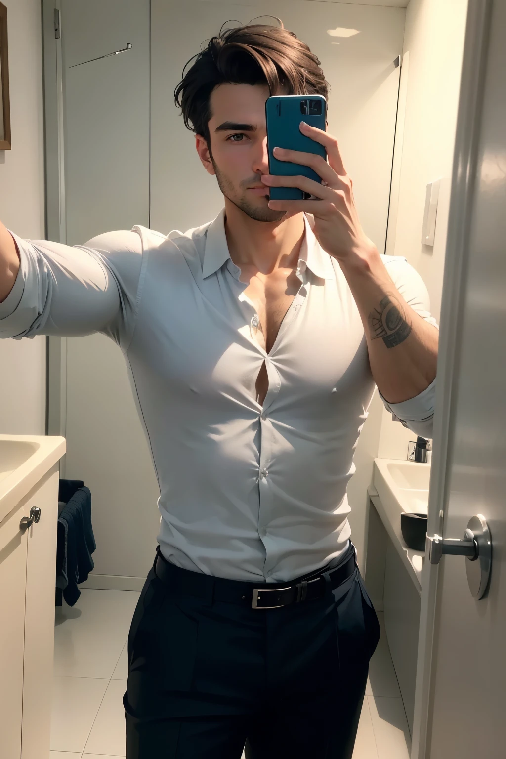 A 29-year-old man hailing from Slovenia confidently poses in front of the bathroom mirror, carefully framing the shot for his selfie. With one hand, he adjusts the angle of his smartphone, while with the other, he smooths down his short, dark hair. The bathroom, bathed in soft, warm light, is adorned with various personal care items, adding a touch of familiarity to the scene. The man wears a casual, well-fitted shirt and trousers, displaying an air of comfort and self-assurance.