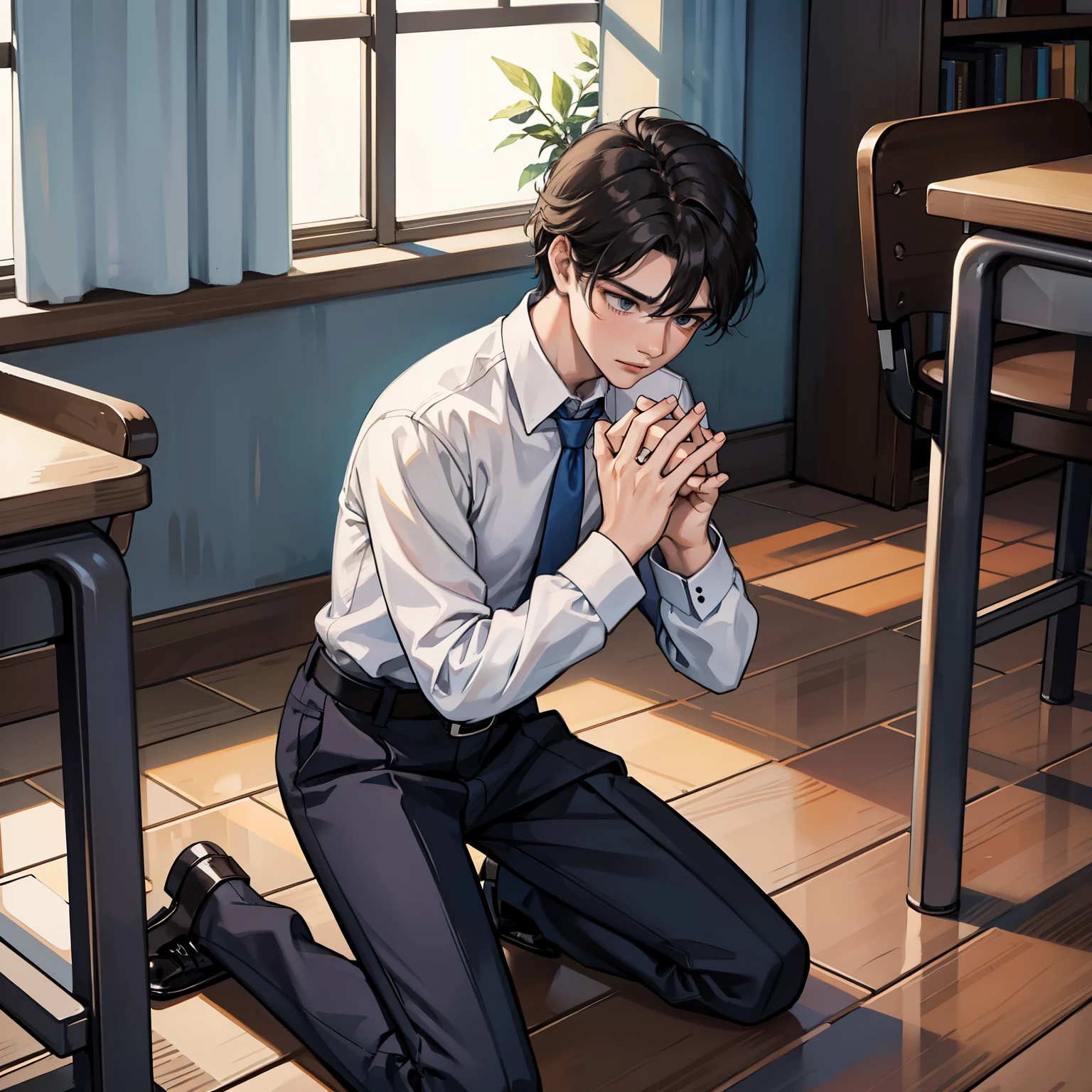 teenager boy kneeling, praying, using dress shirt and dress pant with belt, christian, school