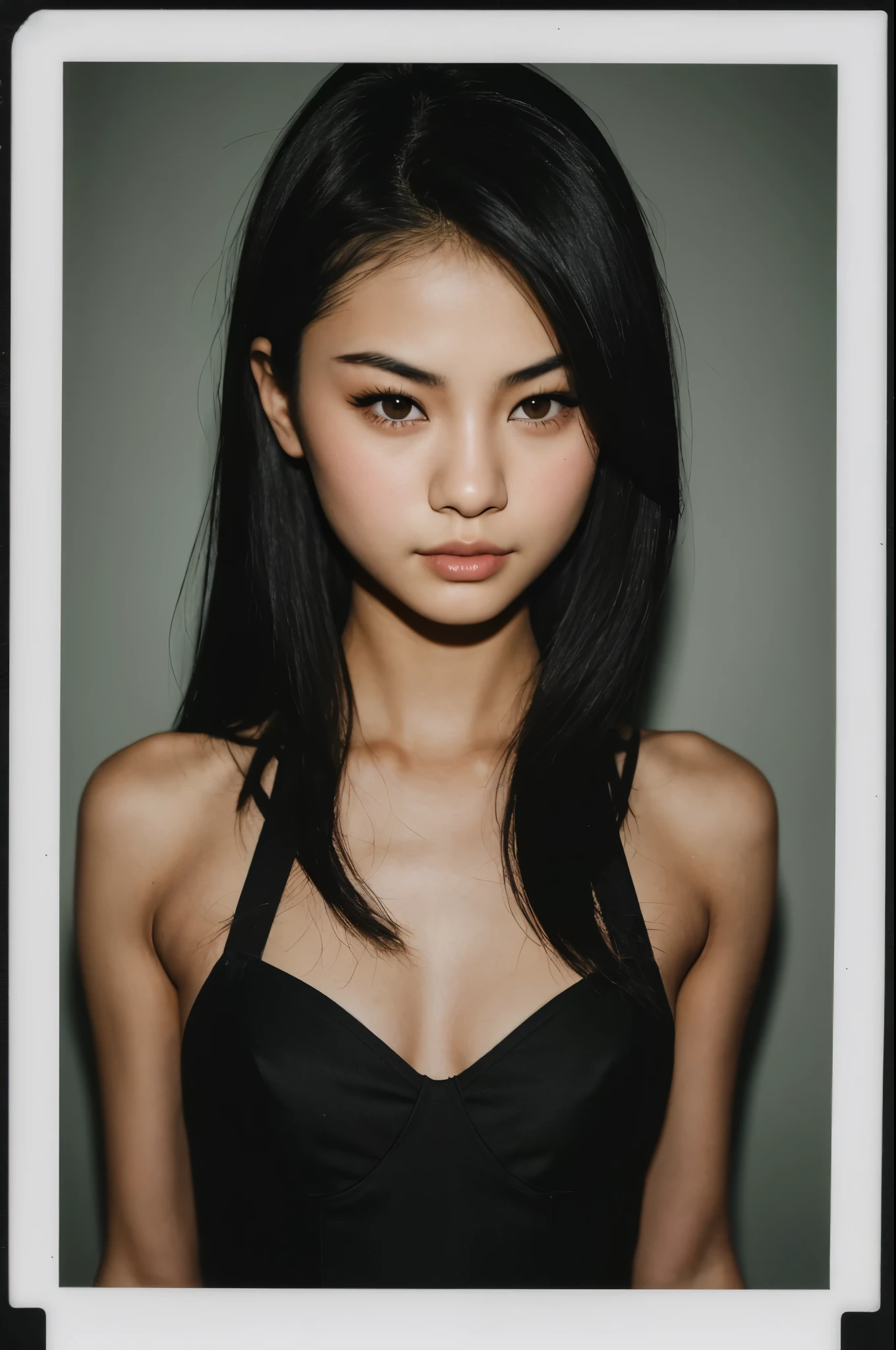 arafed instagram young asian supermodel, asian features, mid-length black hair, pale skin, perfect face, looking hot, Victoria secret model body, Selena Gomez, Chinese, Madison beer, harsh polaroid flash, vintage quality, in the night, dark background, perky