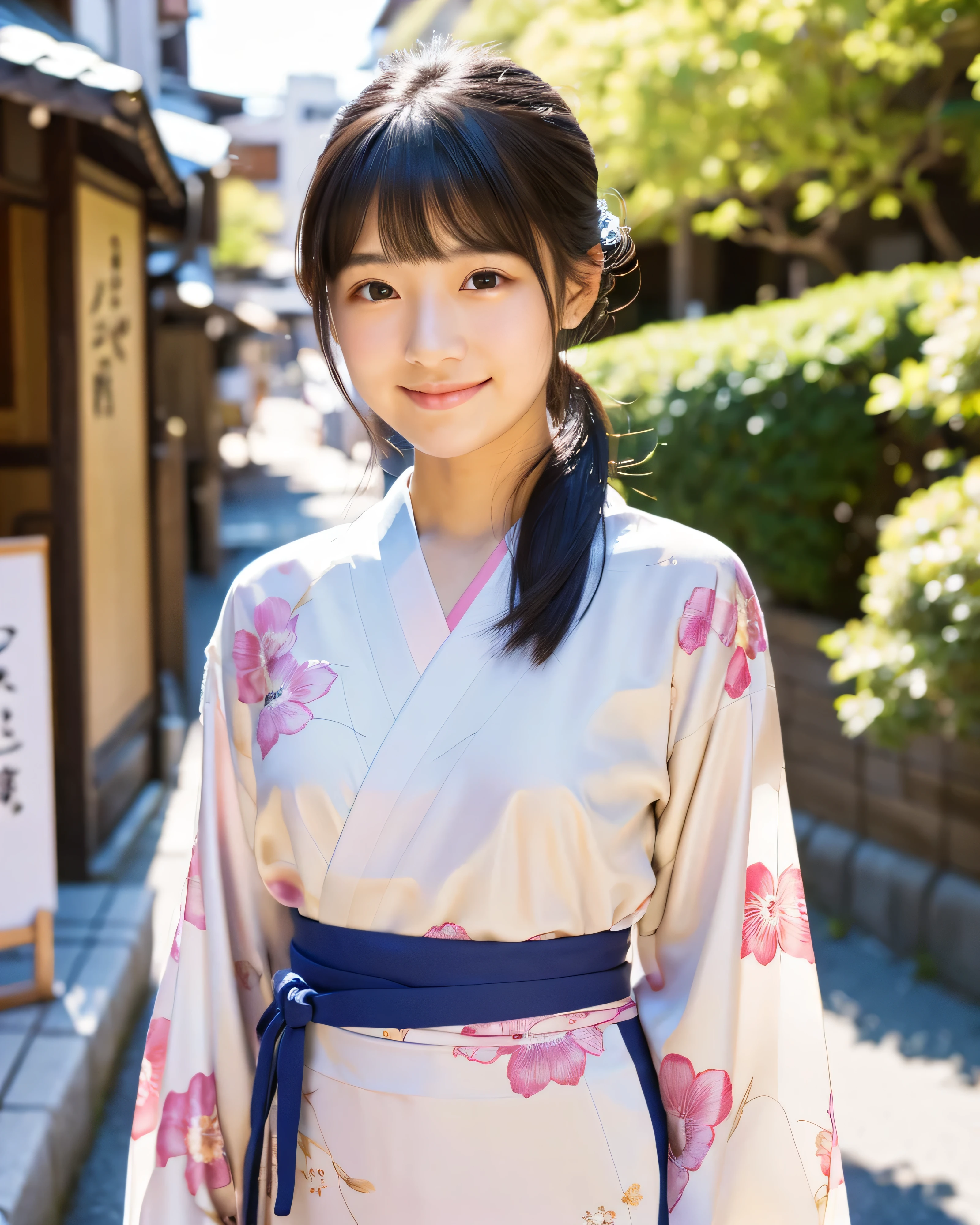 (highest quality, 8k, High resolution, masterpiece:1.2), beautiful japanese girl, , glossy black hair, ponytail, asymmetrical bangs, big eyes like sapphires, High resolutionの潤んだ瞳, smooth soft skin, pale pink lips, natural makeup, gentle smile, white floral kimono, traditional Japanese Yukata, (whole body:1.3), sunlight, Traditional streets of Japan, Walk with soft-serve ice cream, fair, blue sky, professional lighting