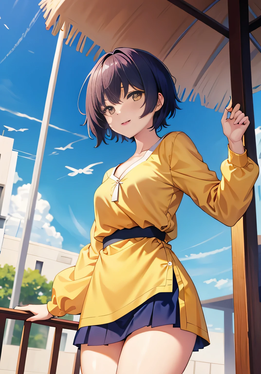 Anime Frau, blaue kurze Haare, Goldene Augen, golden shirt, white panties, kurzer Rock, 8k