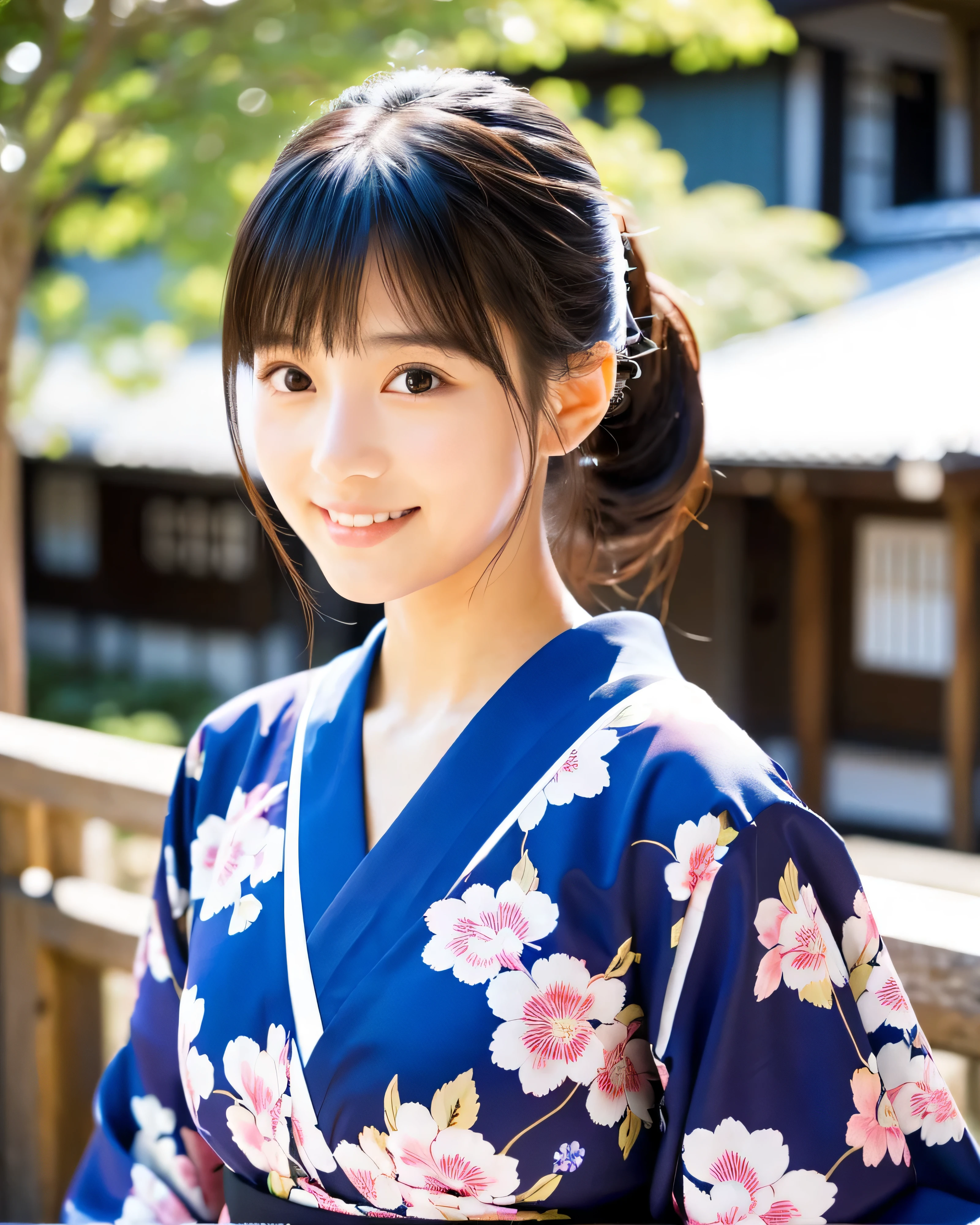 (highest quality, 8k, High resolution, masterpiece:1.2), beautiful japanese girl, , glossy black hair, ponytail, asymmetrical bangs, big eyes like sapphires, High resolutionの潤んだ瞳, smooth soft skin, pale pink lips, natural makeup, gentle smile, white floral kimono, traditional Japanese Yukata, (whole body:1.3), sunlight, Traditional streets of Japan, Taking a walk while eating soft serve ice cream, fair, blue sky, professional lighting