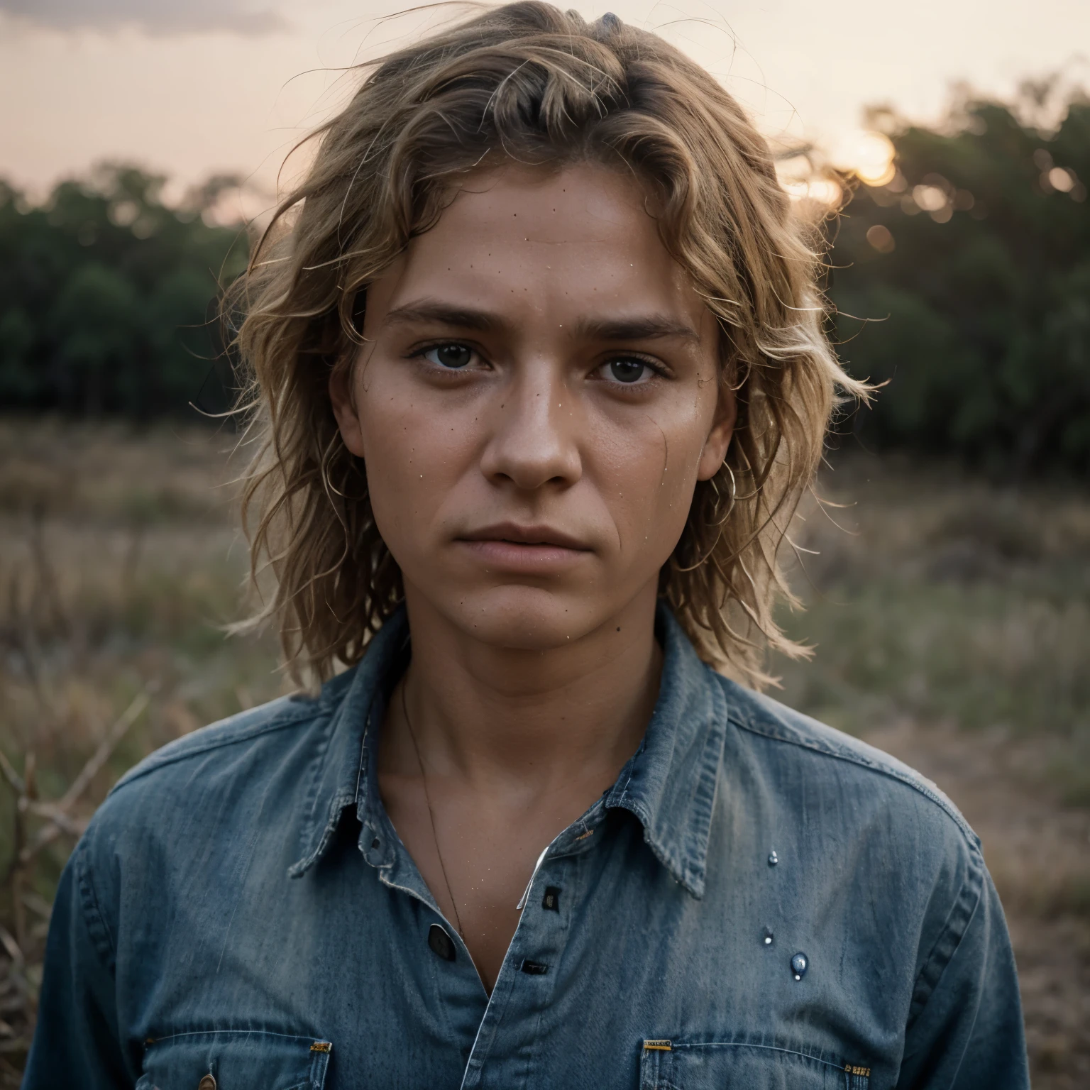 photograph of a 27 year oldman, (troubled facial expression), textured skin, sweat droplets on skin, blonde afro hair, plaid flannel shirt with distressed boyfriend jeans, cowboy shot, sunny warm day in the bushveld, perfect eyes, dusk sunset, Porta 160 color, shot on ARRI ALEXA 65, bokeh, sharp focus on subject, shot by Don McCullin