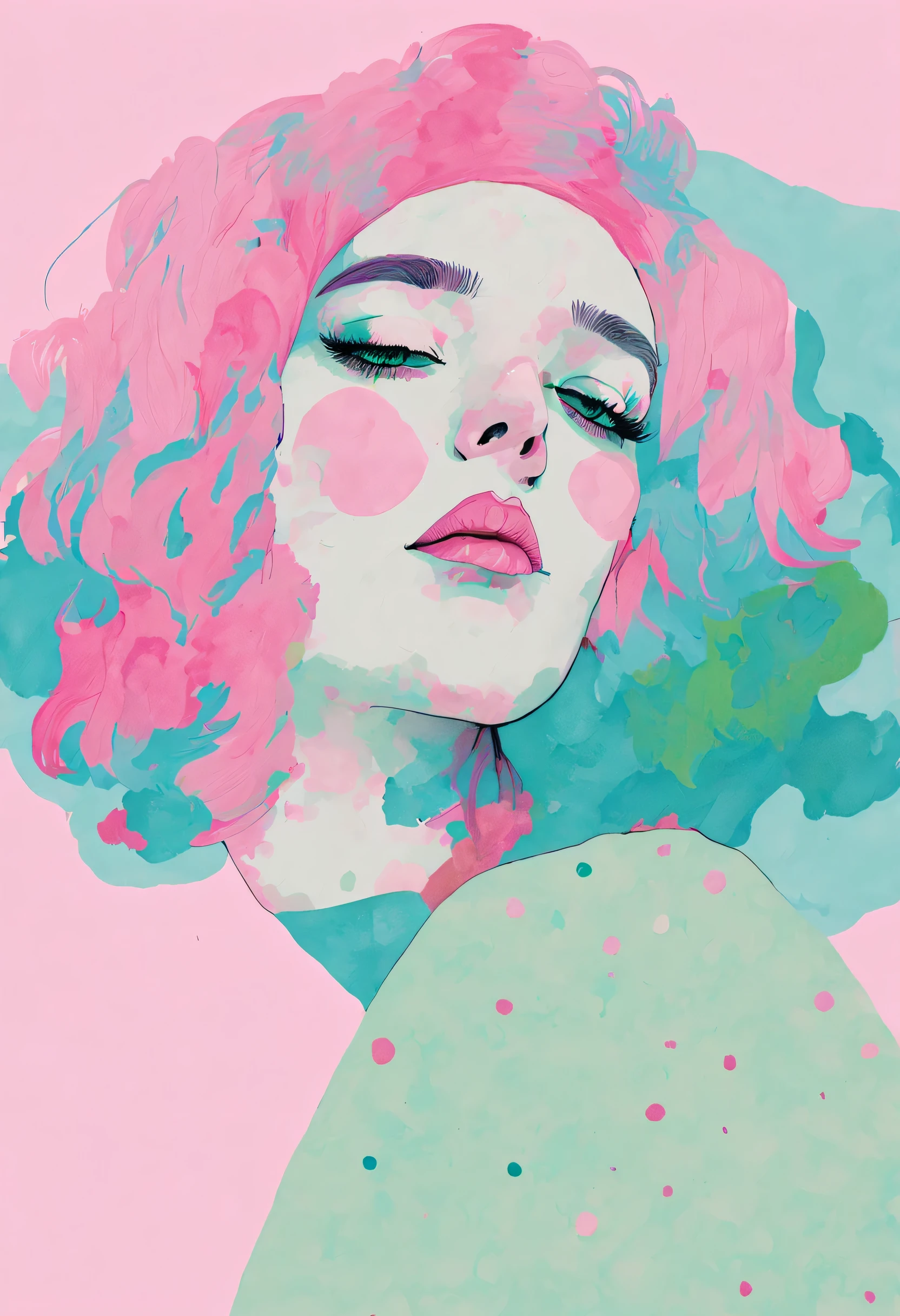 a drawing of a woman with pink and blue hair and a pink and green background with a pink spot, Conrad Roset, digital portrait, an ultrafine detailed painting, pop art, pop surrealism , 