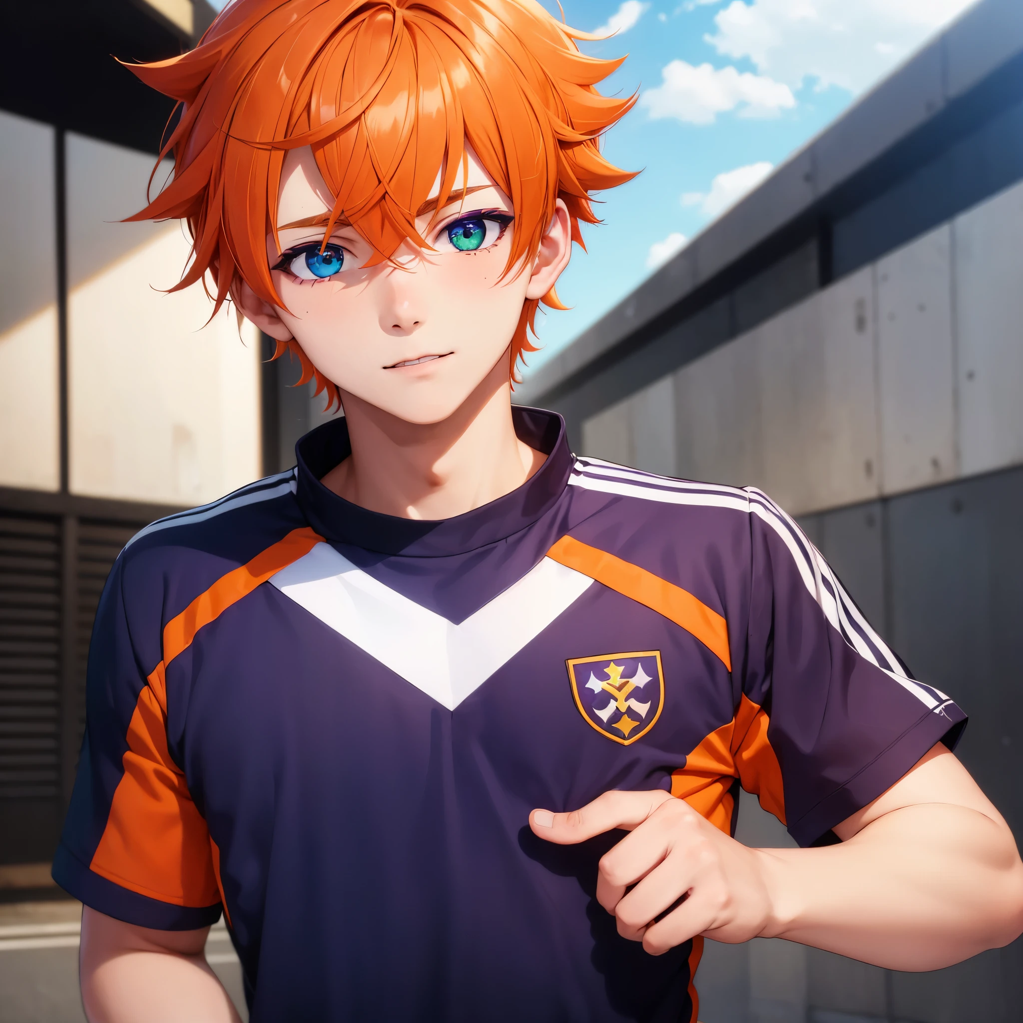 (1boy,masculino,(alone),orange hair),soccer uniform , heterochromia , one eye green , one eye purple