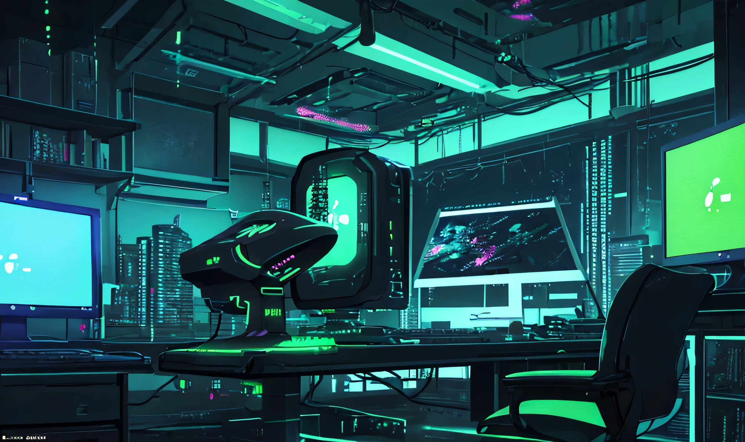 room, computer, computer chair, night, Green light, cyberpunk, anime style, No Man
