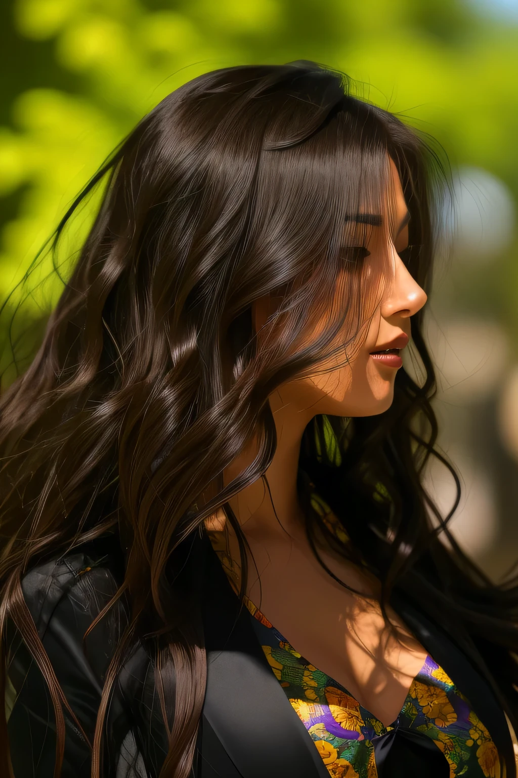 woman with long hair and superhero suit, windblown hair, long windblown black hair, wavy black hair, female with long violet hair, her hair blowing in the wind, black wavy hair, long wavy black hair, wavy long violet hair,  in profile, rays in the backgroud, sketch style 