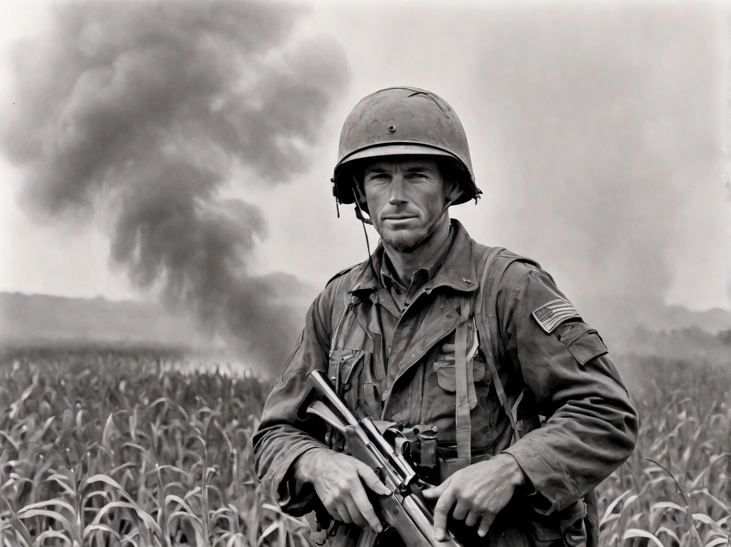 sketch, pencil sketch, black and white, shading in pencil, Vietnam War era. rice fields, portrait of American soldier in 1960 uniform (american military helmet with detachable strap, jacket without arms), american face, european face, standing in the middle of a rice field, holds an M16A1 rifle in his hands, burning village in the background, smoke elements in the background from the fire in the village, depth of field, 8k, film grain, raw photo, hdr, cowboy shot, low angle, dark vignette on corners