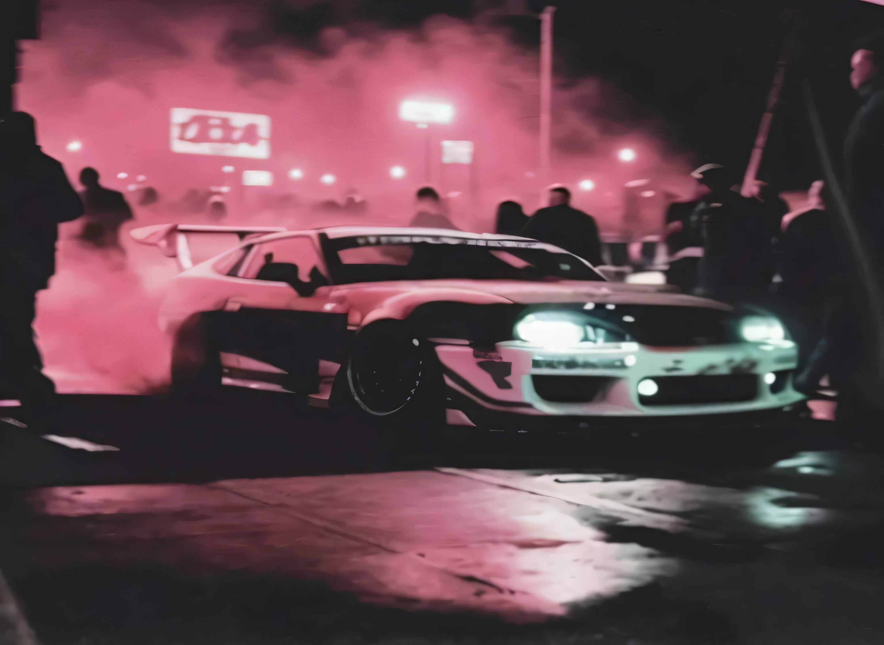 Racing Arav Images，There are many people standing behind, Tokyo Drift, akira vibes, japanese drift car, cyberpunk streetwear, Scenes!!, toyota supra, nightlife, On street tracks, burnout, takata yamamoto style, car drifting, need for speed, The album cover, Cyberpunk atmosphere,There is a lot of smoke,HD