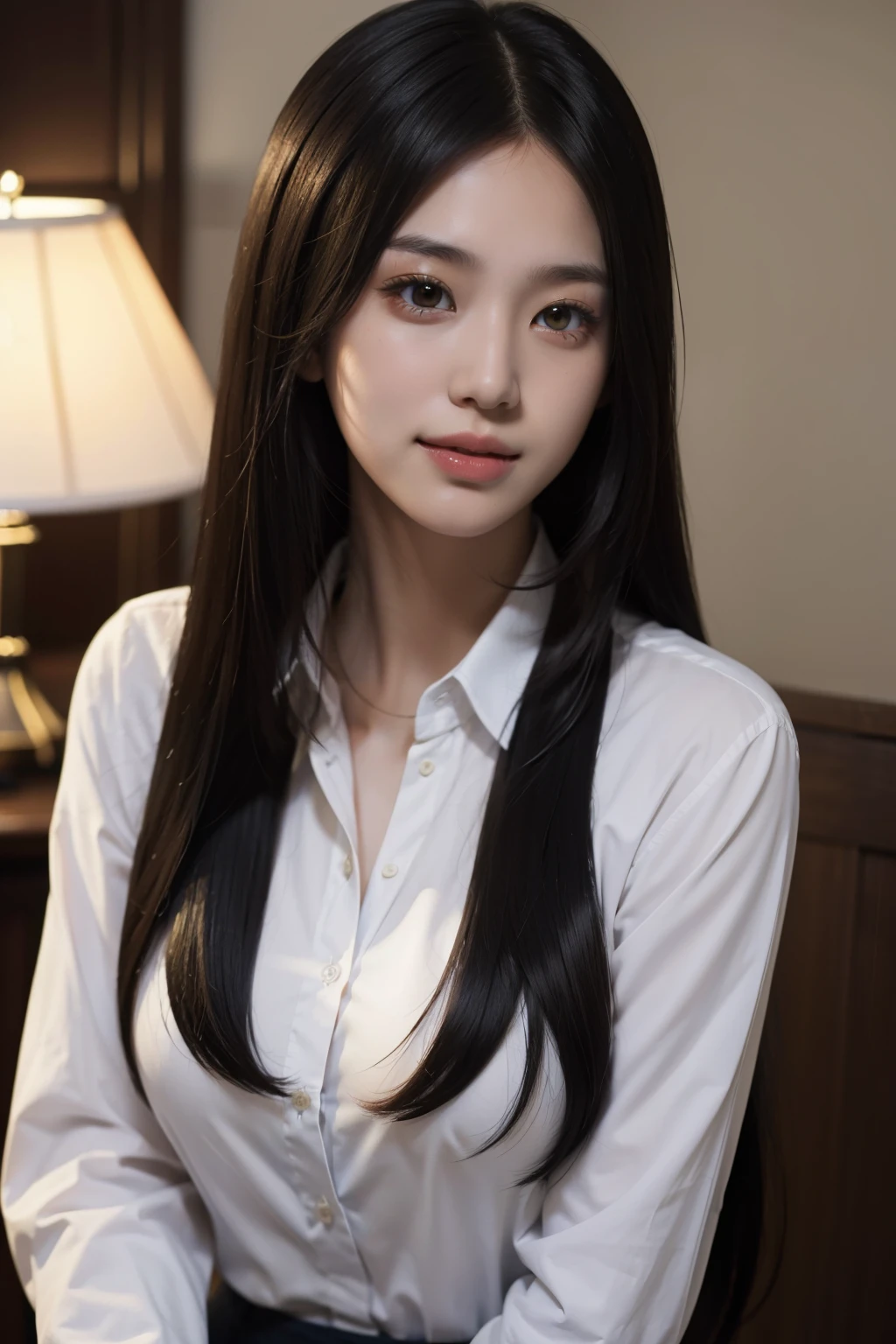 highest quality, masterpiece, (realistic:1.4), 1 girl, Japanese、light smile, collared shirt, whole body, dramatic lighting, E cup、long hair、straight hair、facing straight ahead、
