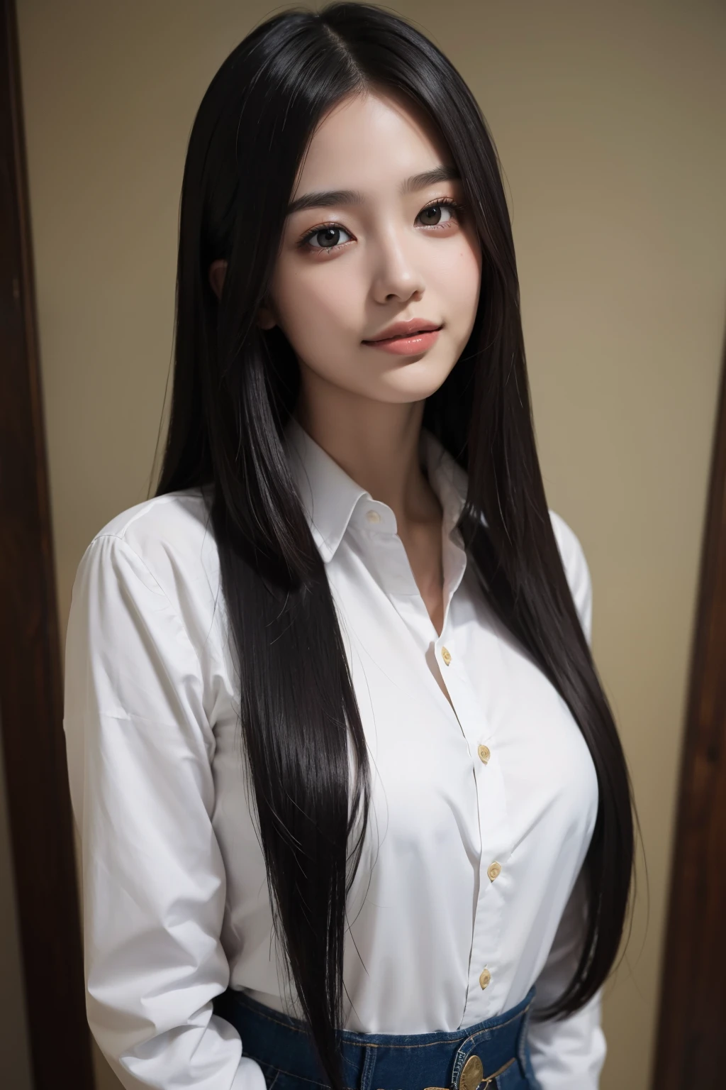 highest quality, masterpiece, (realistic:1.4), 1 girl, Japanese、light smile, collared shirt, whole body, dramatic lighting, E cup、long hair、straight hair、facing straight ahead、