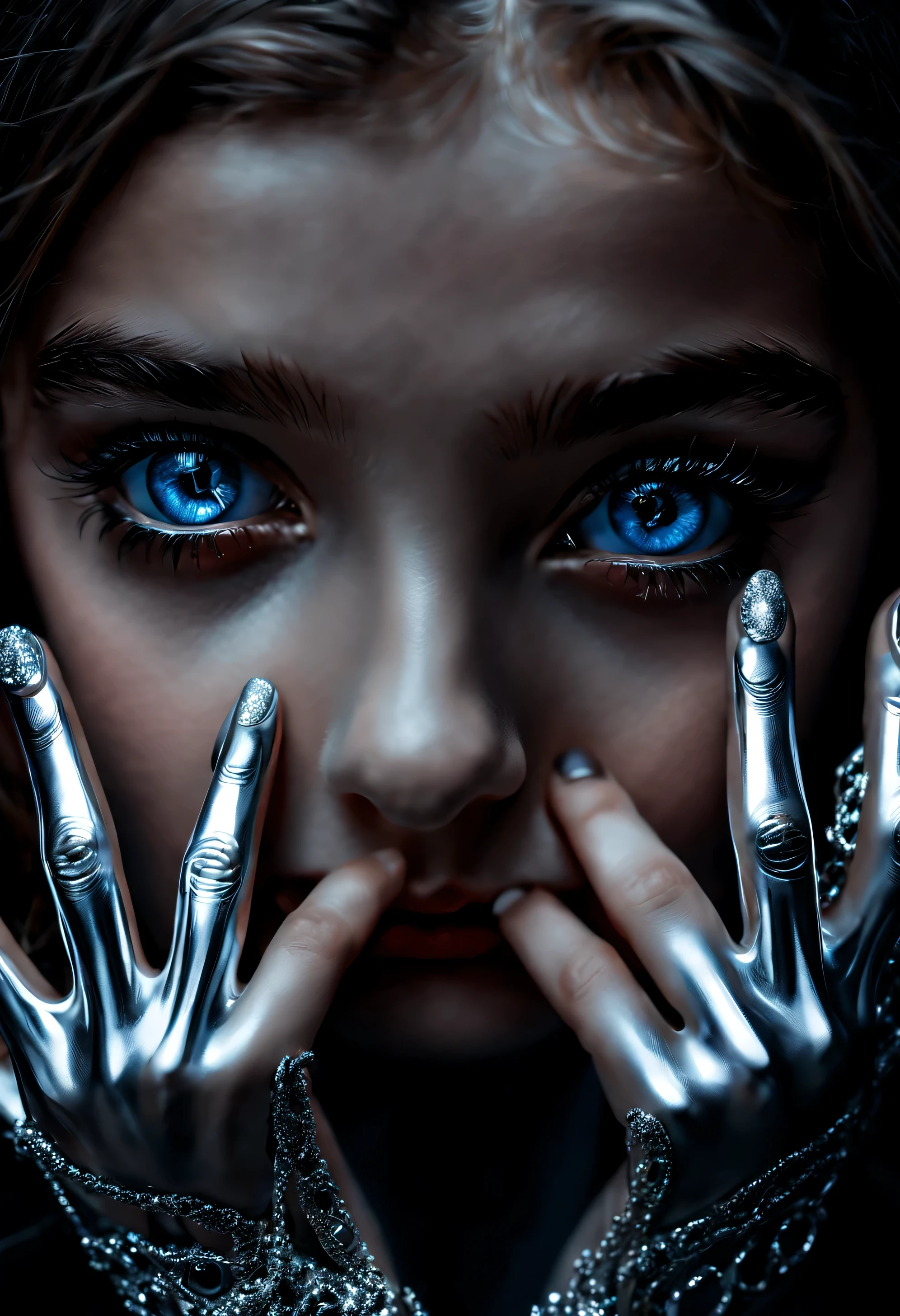 Beautiful girl, Shining eyes, Beautiful eyes, 15 years, five fingers, Silver theme, ((Ettore Aldo Del Vigo's style.)), dark surrealism, with darkness, ((Best quality, Masterpiece)), ((Highest detail)), RAW:1,1, 8K