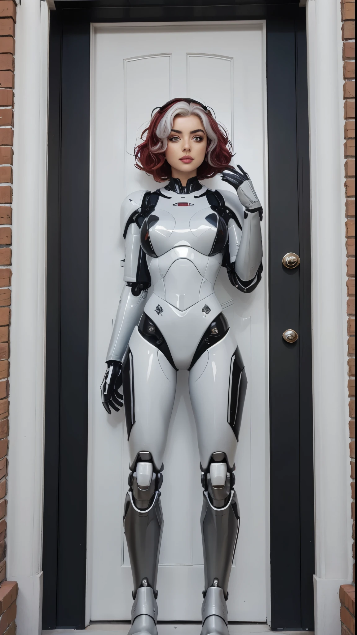 portait photography, military compound front door, up to down camera angle, sci-fi, battlestar galaticayour cosplayer girlfriend is a robot girl (ana de armas, short bob hair, rogue hair, cherry red and white platinum hair, light curly hair, parted lips, blank expression, ) white plastic robotic body, glossy paint coating, mechanical joints , high ankle boots, fitness body, large breasts, futuristic headset