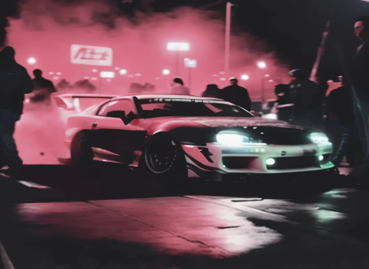Arav image of a racing car，There are many people standing behind, Tokyo Drift, akira vibes, japanese drift car, cyberpunk streetwear, Scenes!!, toyota supra, nightlife, On the street track, Burned out, takata yamamoto style, car drifting, need for speed, The album cover, Cyberpunk atmosphere,There is a lot of smoke,HD