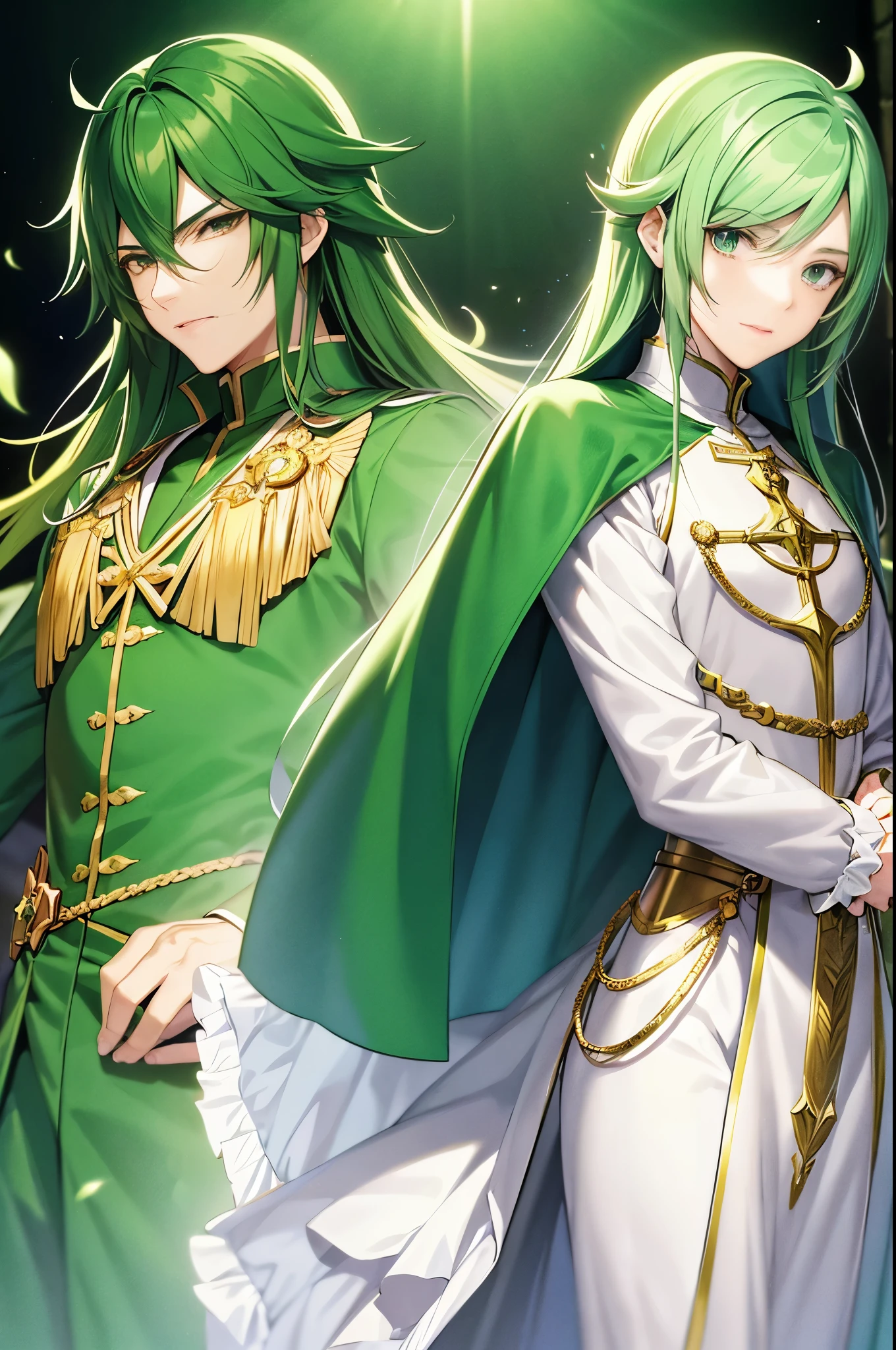 anime - style image of a man dressed in a green cape and a green cape, casimir art, beautiful androgynous prince, handsome guy in demon slayer art, picture of a male cleric, official character illustration, delicate androgynous prince, inspired in kris from deltarrune, official art, official character art, dressed like a cleric