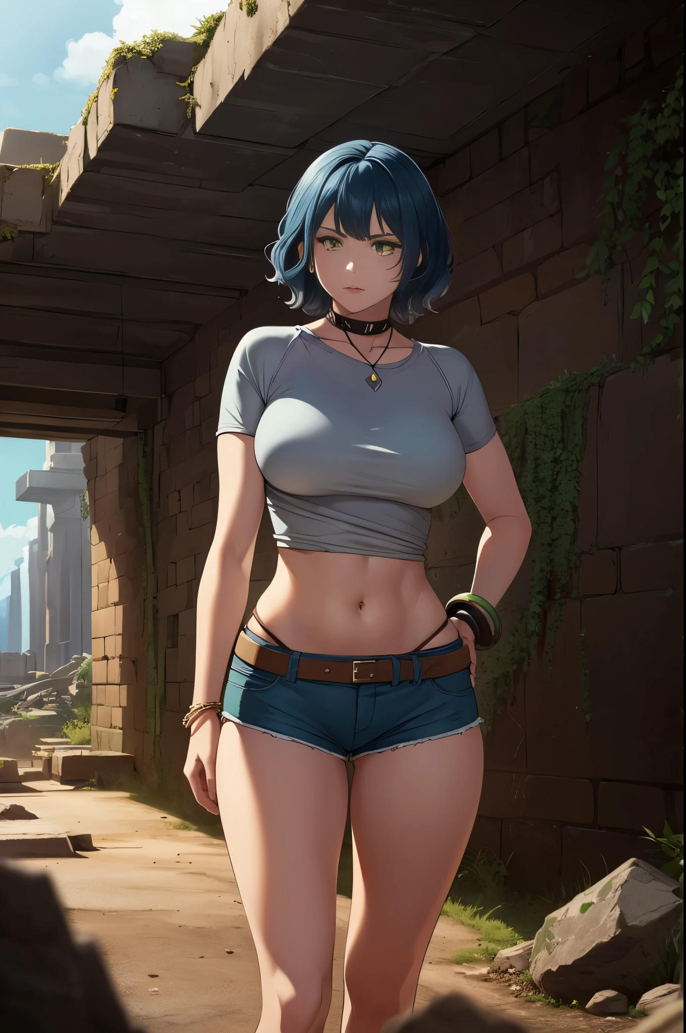 wakasagihime, 1women, age 20, big breast, blind, blue hair, short hair, blue eyes, head fins, sleeveless crop top, cloth pants, silk, monk, medieval, fantasy, blank expression, focused, sharp look, hands down, masterpiece, best quality, standing strong, (fit:0.9), (muscular:0.7).