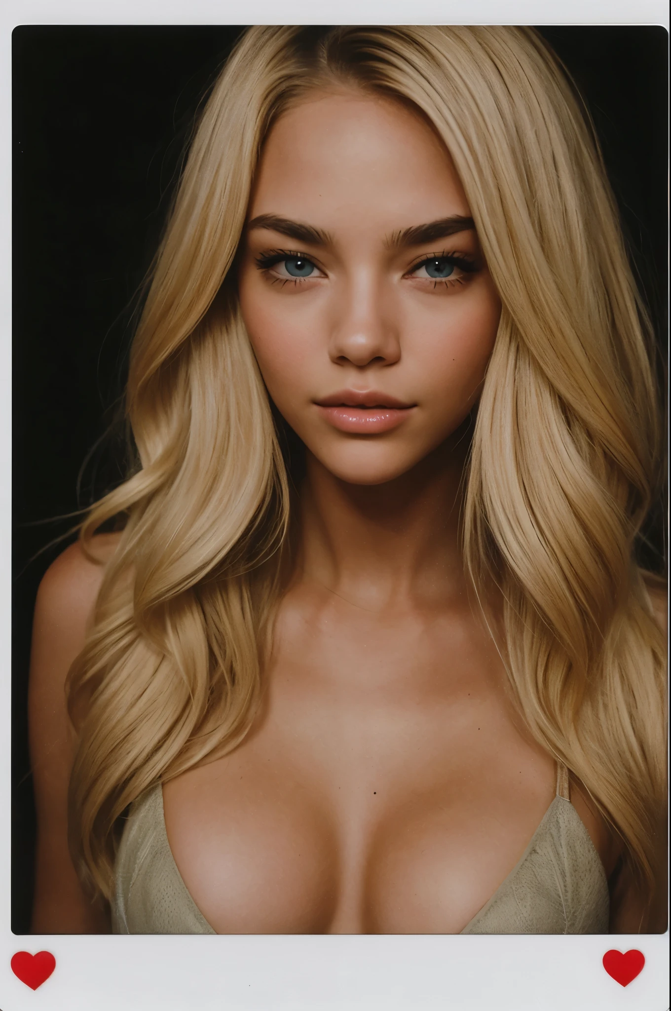 arafed instagram supermodel, caucasian features, mid-length blonde hair, pale skin, perfect face, looking hot, Victoria secret model body, sydney sweeney, Madison beer, harsh polaroid flash, vintage quality, in the night, dark background, perky 