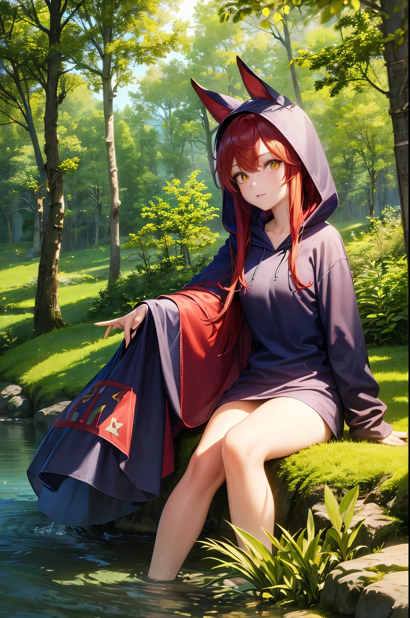 8k, best quality, (photorealistic:1.4), raw photo, 1girl, red hair, animal ears, blue hooded cape, ears sticking out, pose: sitting on a rock in a forest river, yellow eyes, -
