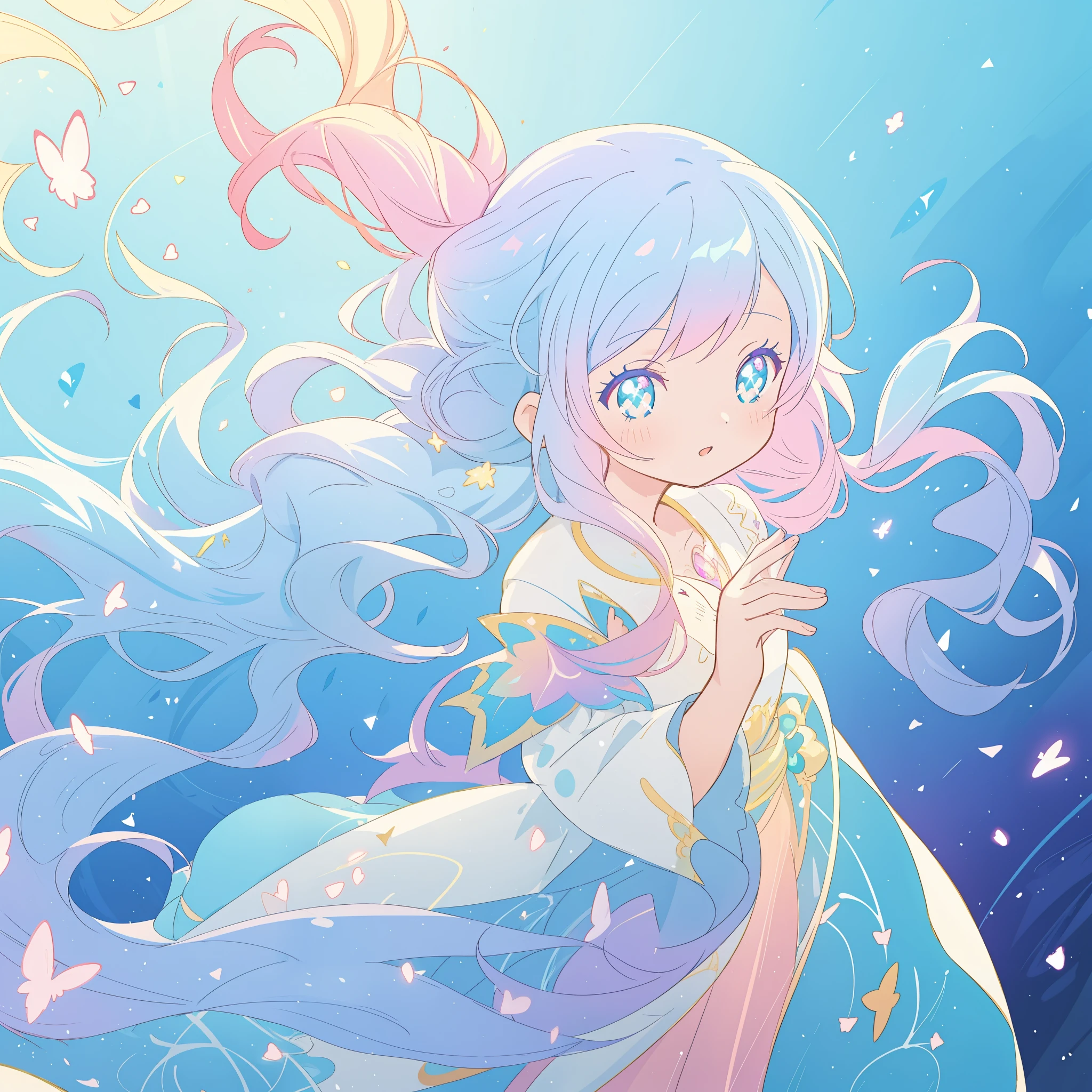 beautiful anime girl in gradient flowing dress, vibrant pastel colors, (colorful), long flowing colorful gradient hair, magical lights, sparkling lines of light, inspired by Glen Keane, inspired by Lois van Baarle, disney art style, by Lois van Baarle, glowing aura around her, by Glen Keane, jen bartel, glowing lights! digital painting, flowing glowing hair, glowing flowing hair, beautiful digital illustration, fantasia background, whimsical, magical, fantasy, beautiful face, ((masterpiece, best quality)), intricate details, highly detailed, sharp focus, 8k resolution, sparkling detailed eyes, liquid watercolor