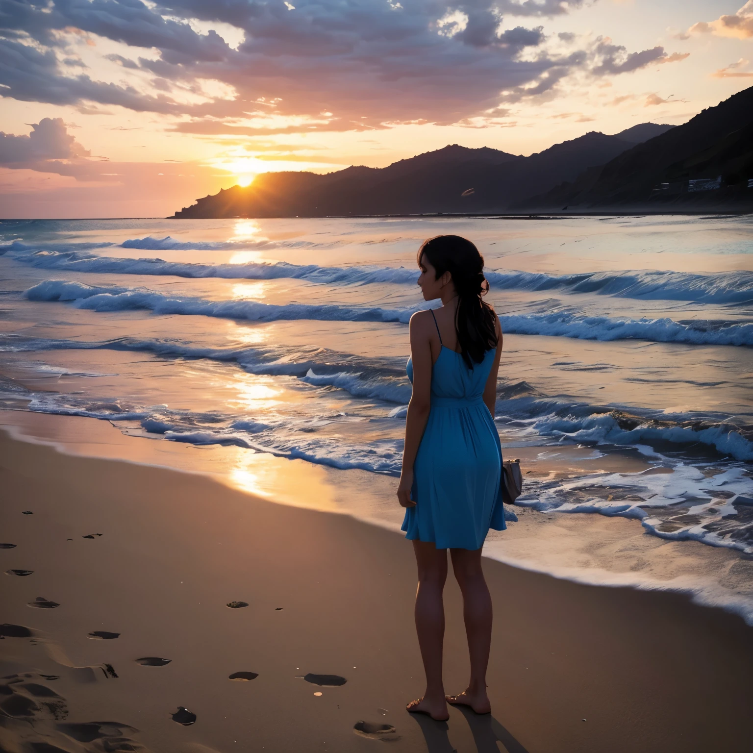 En la playa con un atardecer