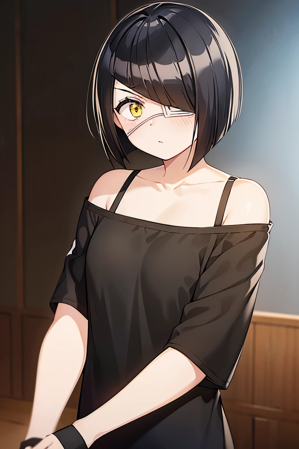 girl, nakanaka_omoharu, black hair, short hair, flat chest, golden eyes, white eye patch, casual outfit, black shirt, oversized shirt, off shoulder, fingerless gloves, black socks, heart hands, shy, blush, averting gaze